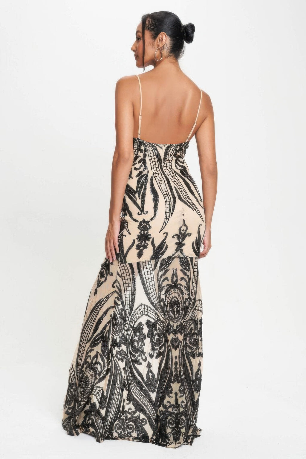 Back view: black sequin art-deco maxi dress with spaghetti straps