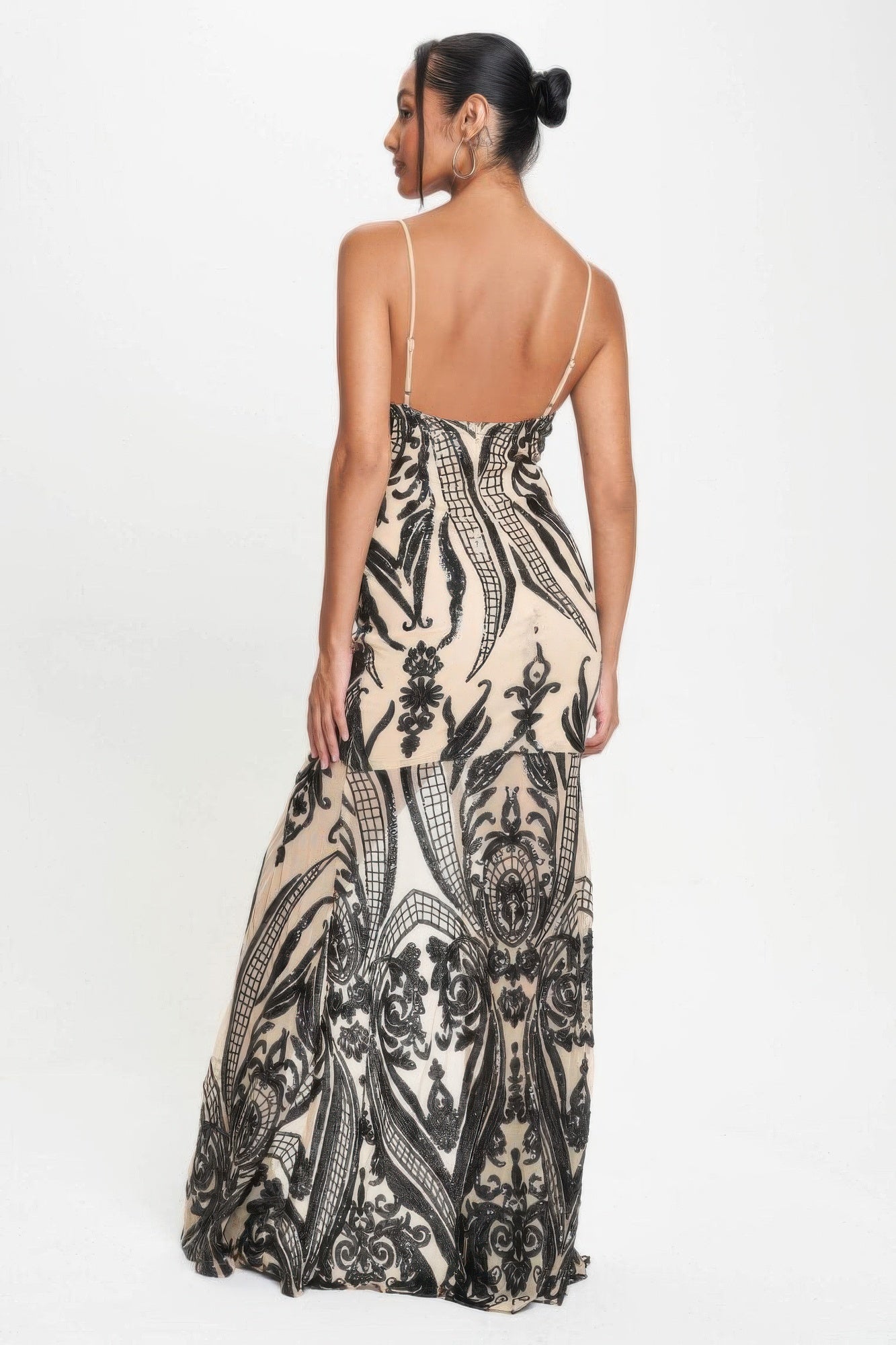 Back view: black sequin art-deco maxi dress with spaghetti straps