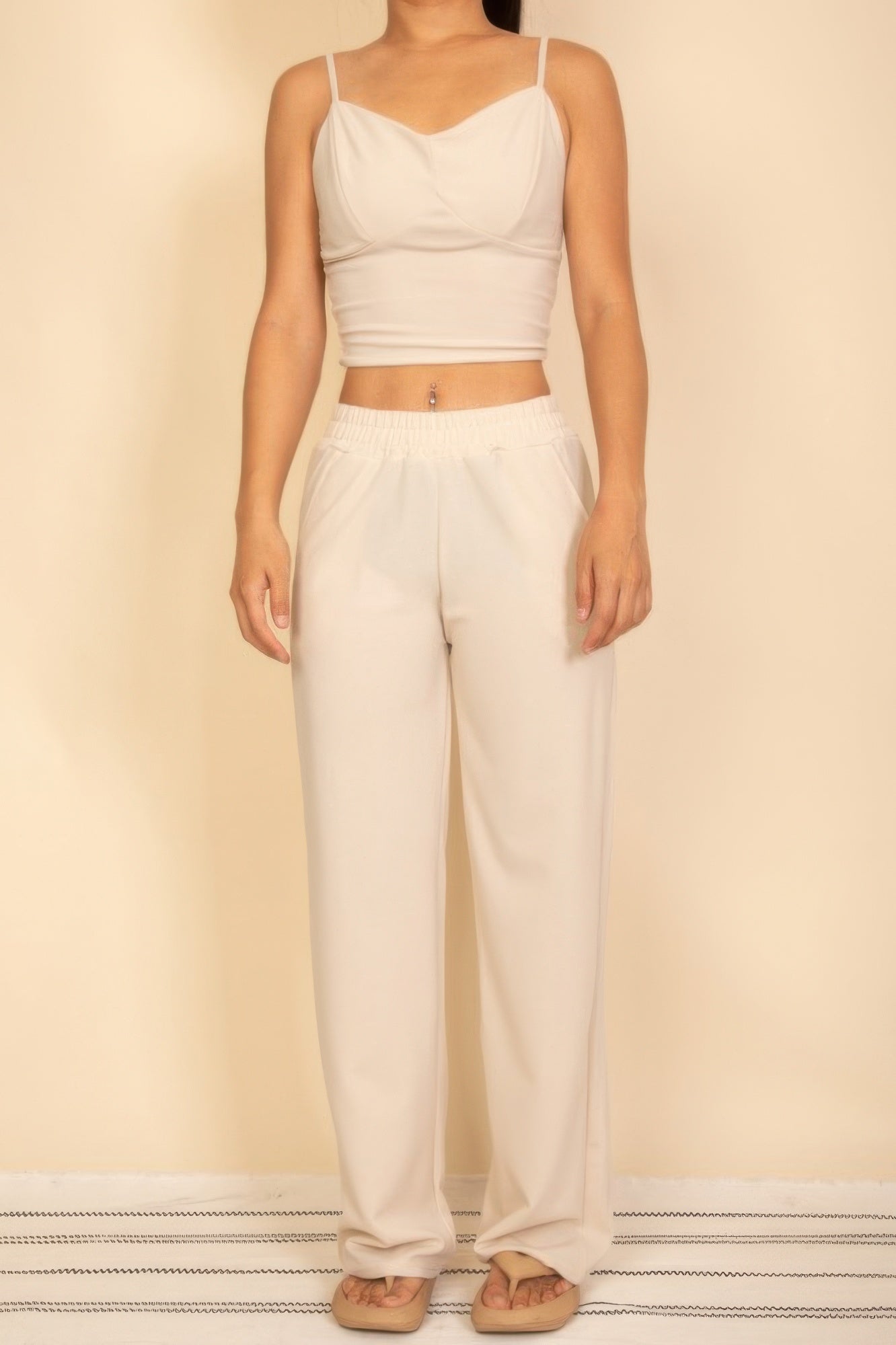 Spaghetti strap bralette top and wide-leg pants set, light beige/cream