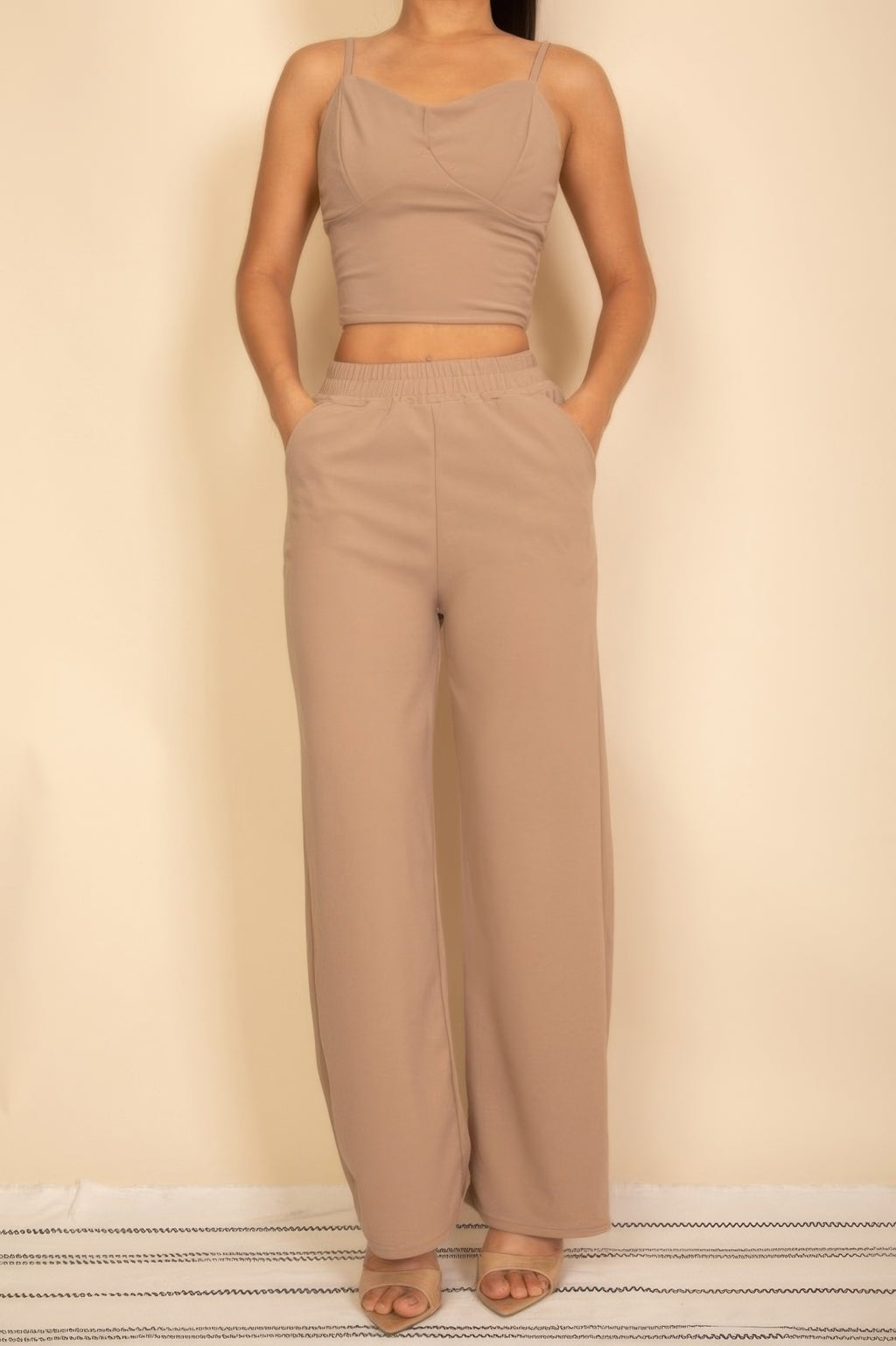 Spaghetti strap bralette and wide-leg pants set, taupe-brown color