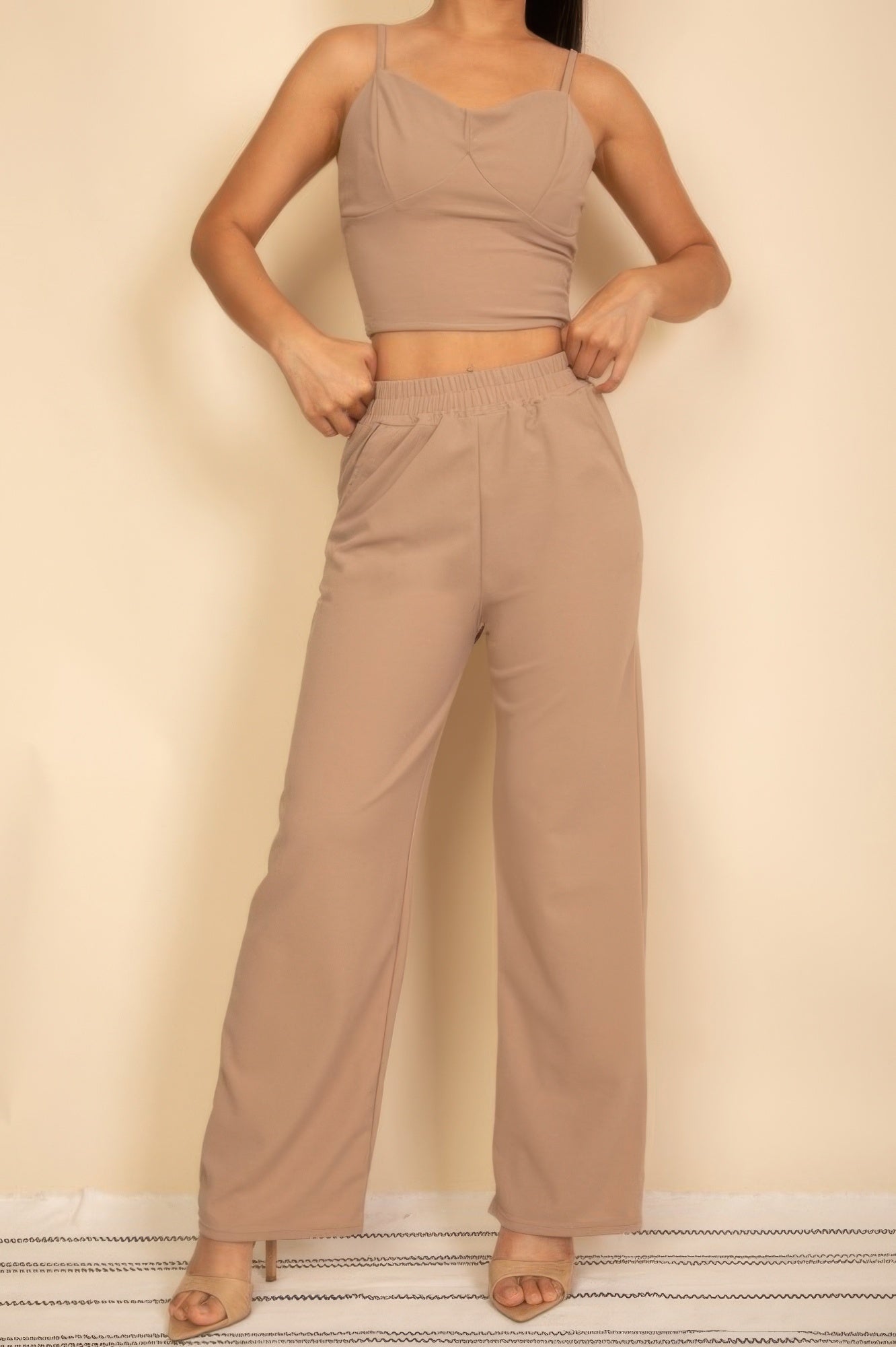 Spaghetti strap bralette and wide-leg pants set, taupe color