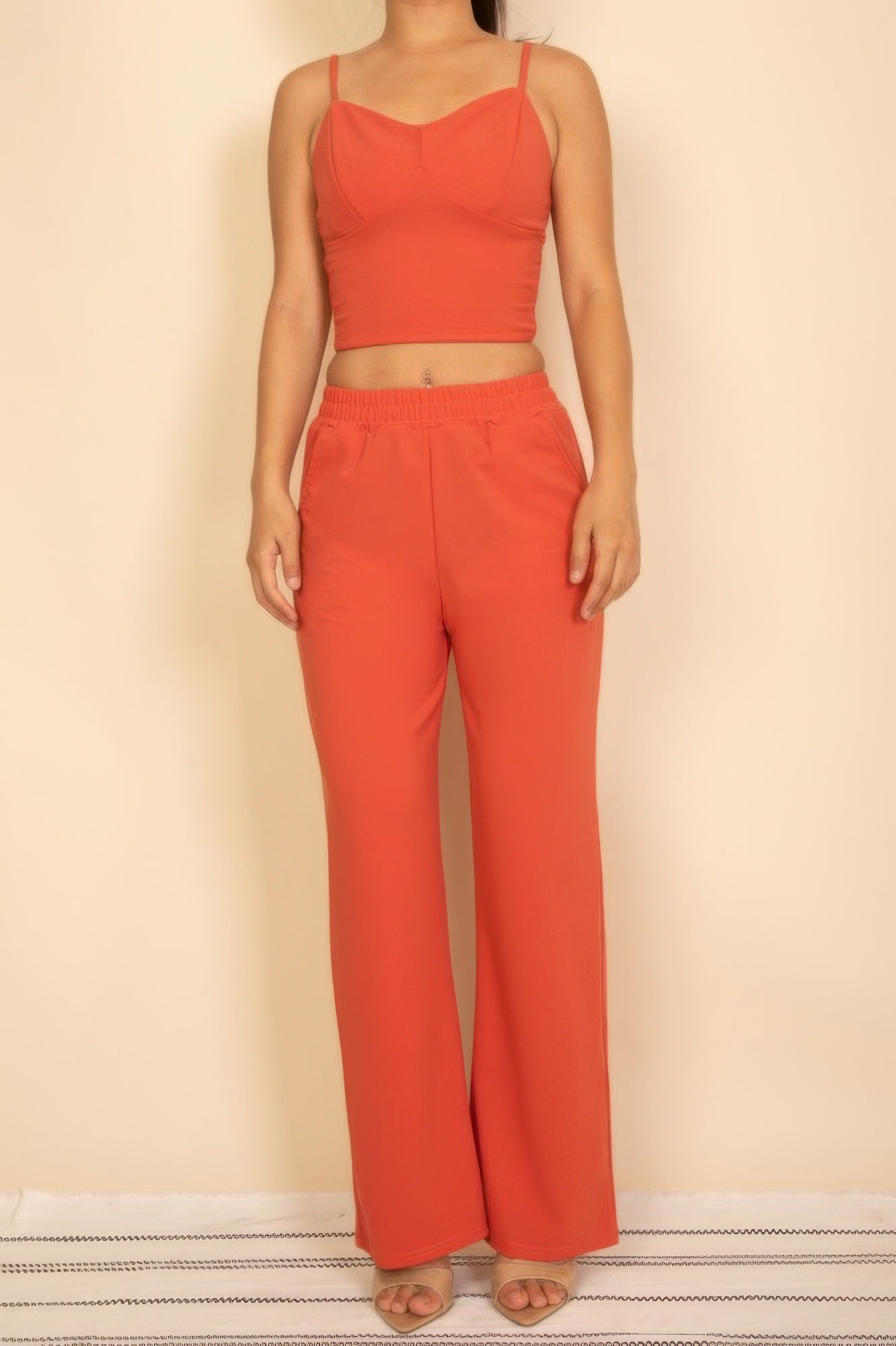 Spaghetti strap bralette and wide-leg pants set in rust red