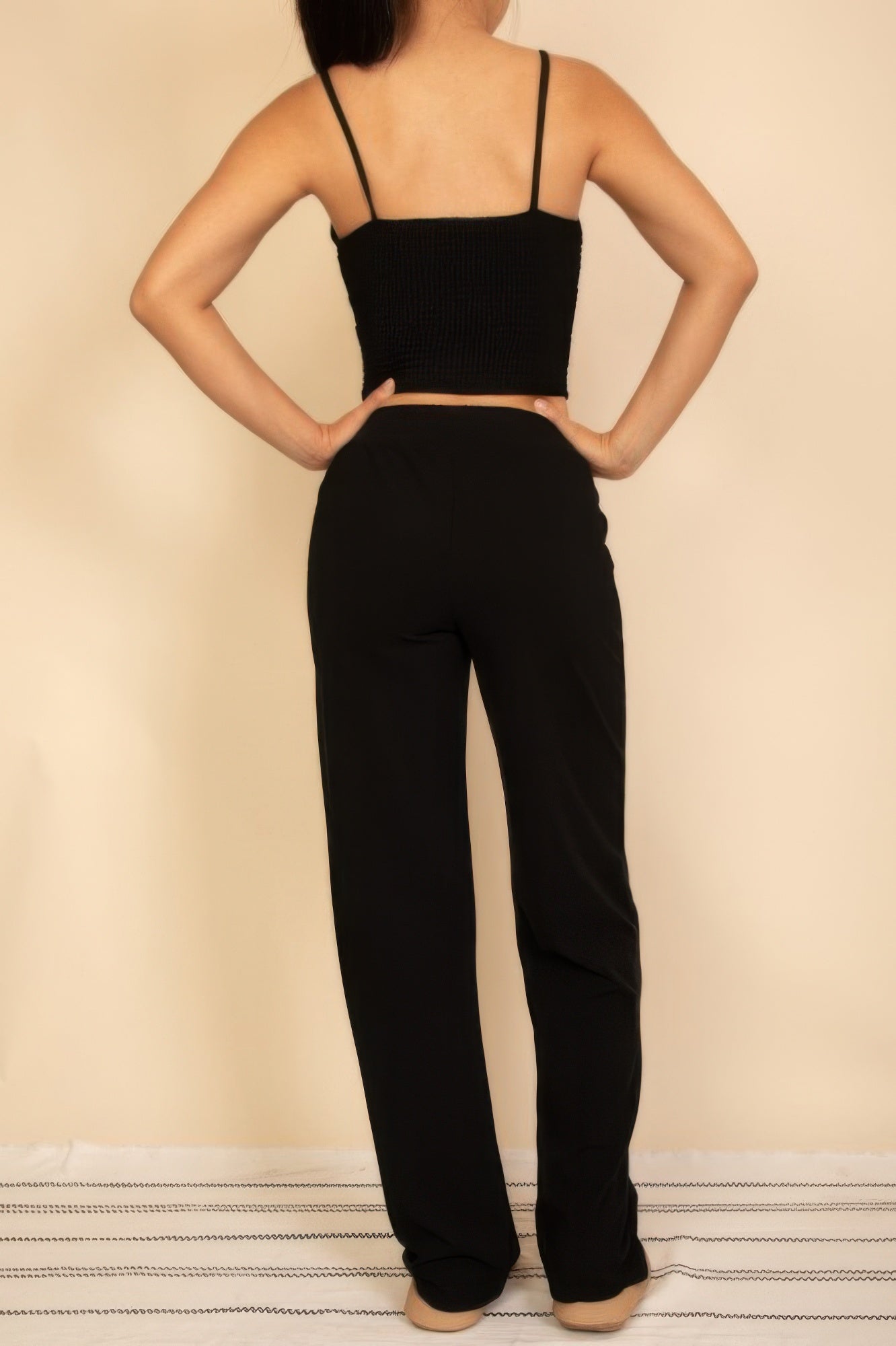 Black spaghetti strap bralette crop top with wide-leg pants set