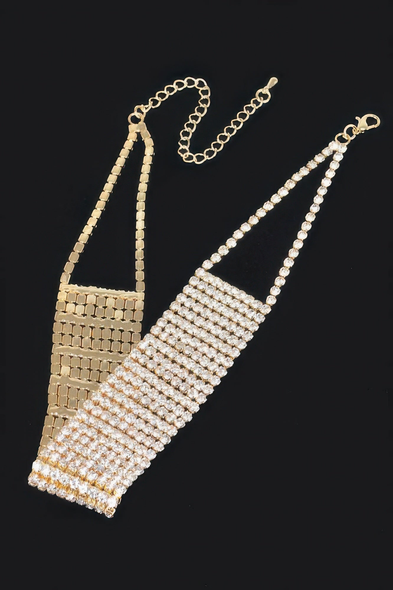 Gold-tone rhinestone choker with layered rows and chain closure