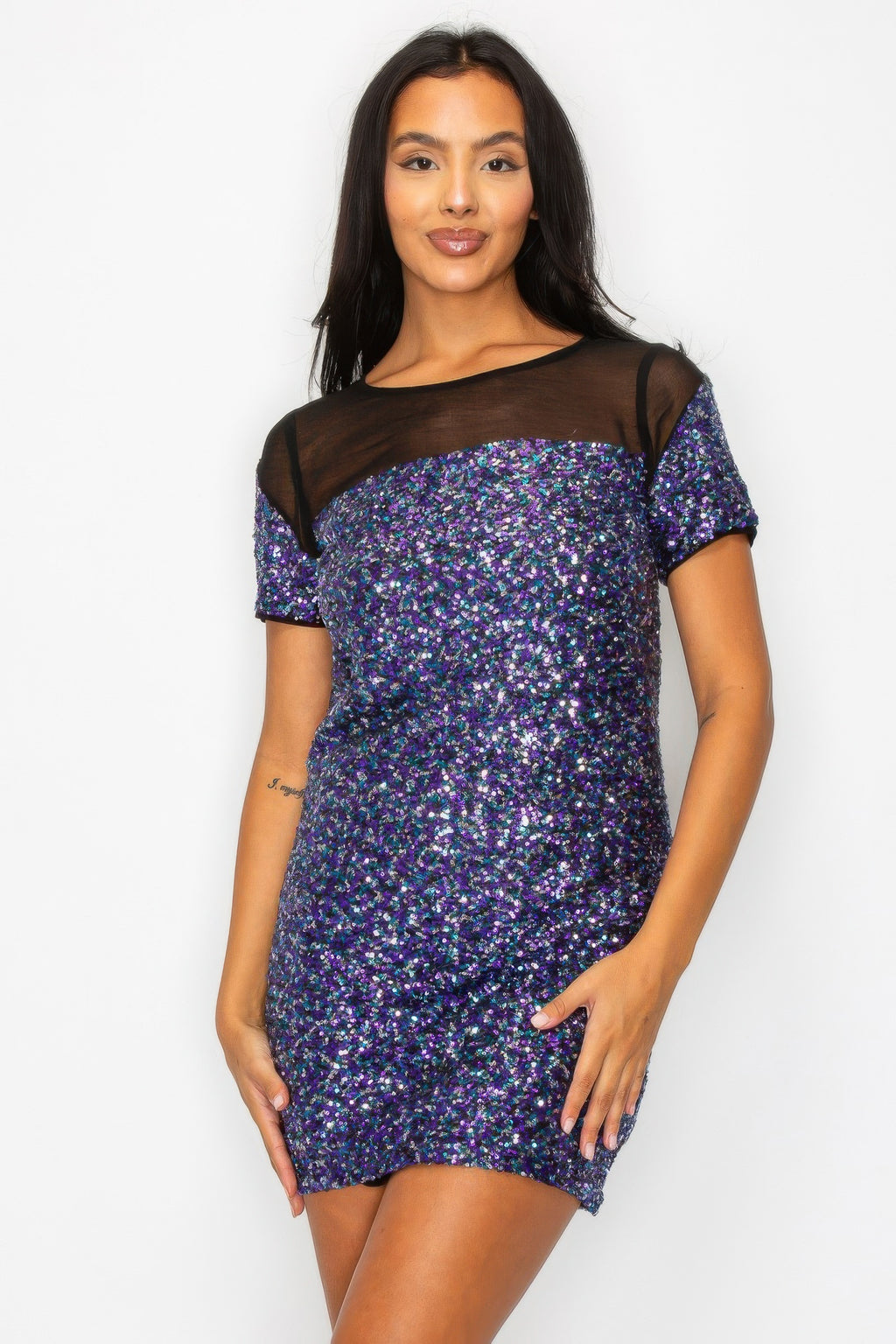Sequin mini dress with black mesh neckline and cap sleeves, purple multicolor shimmer