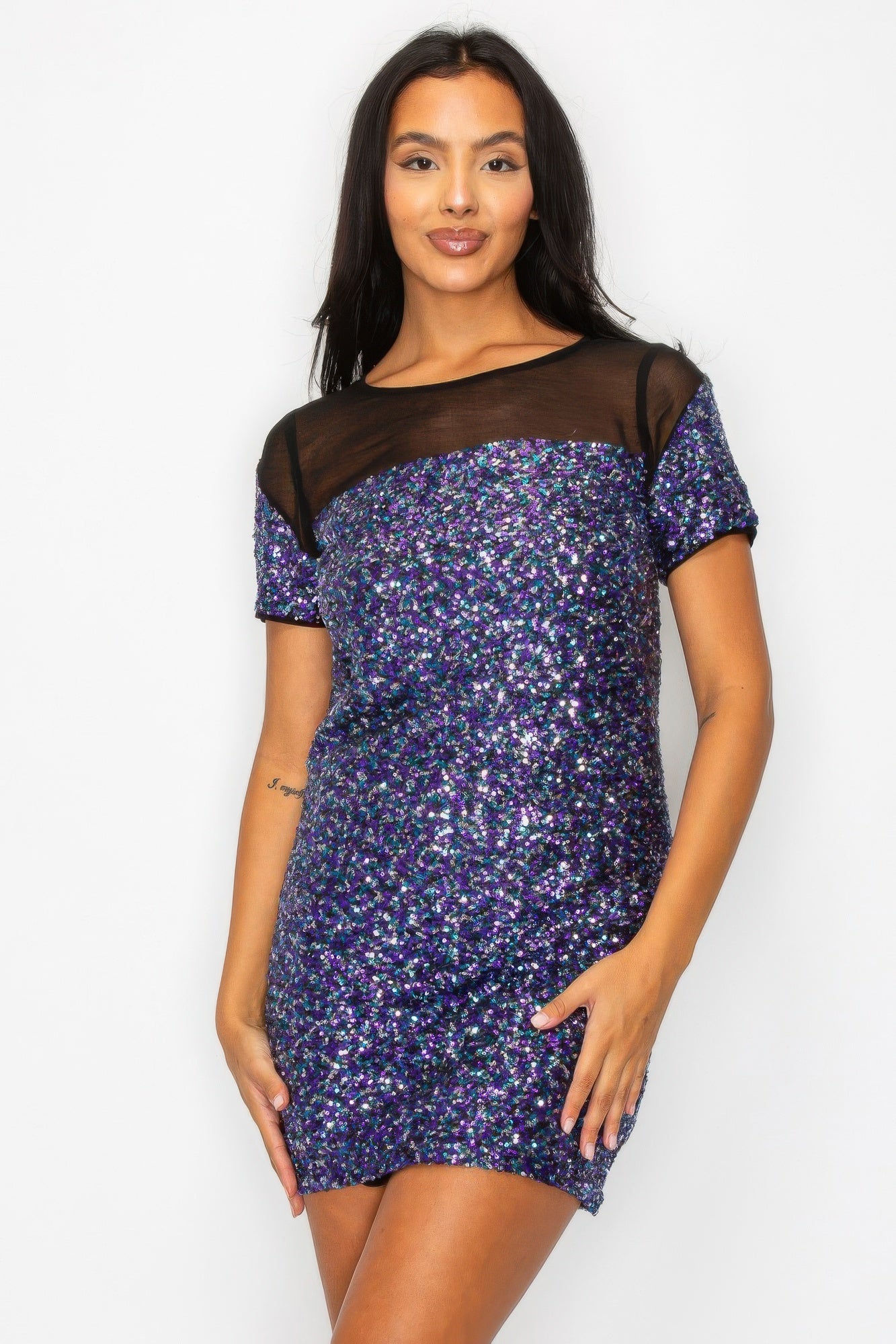 Sequin mini dress with black mesh neckline and cap sleeves, purple multicolor shimmer