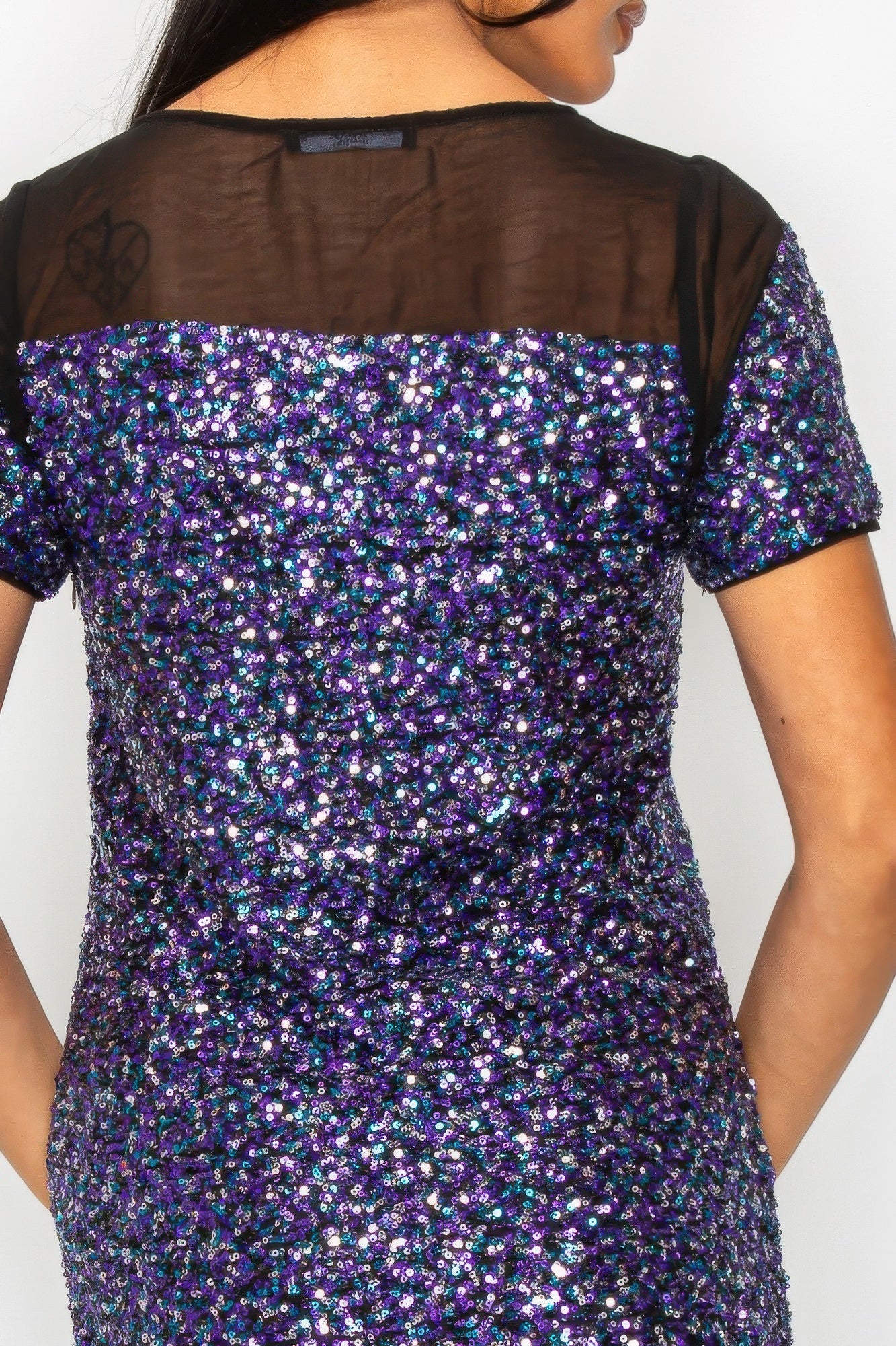 Sparkle sequin mini dress with mesh cap sleeves, dark purple back detail