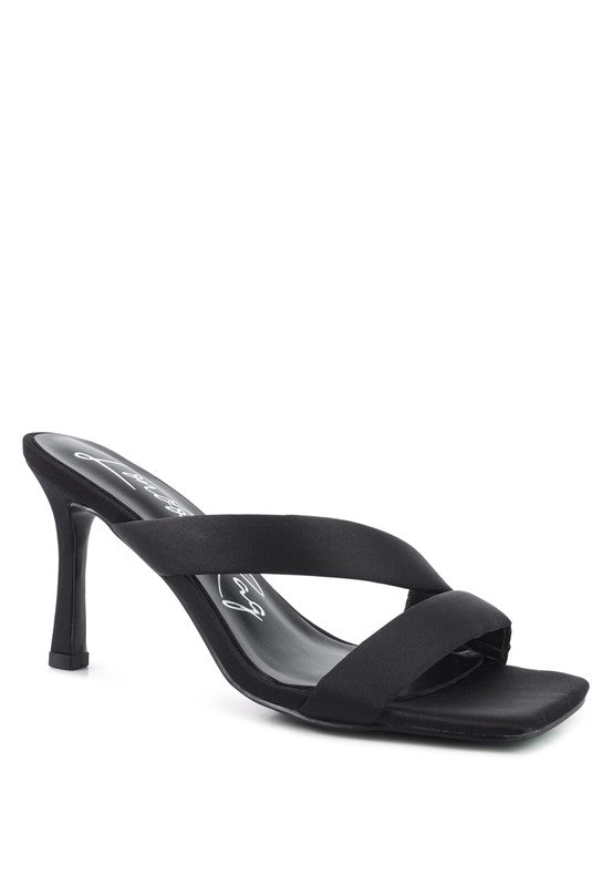 SPICE UP cross-strap heels, black mule-style with square toe and high heel