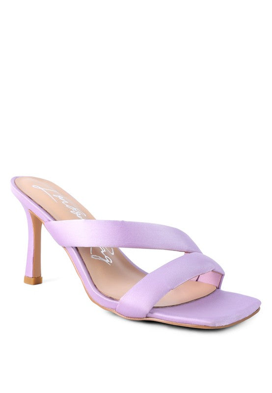 SPICE UP cross-strap heels in purple, slim gold heel, open toe