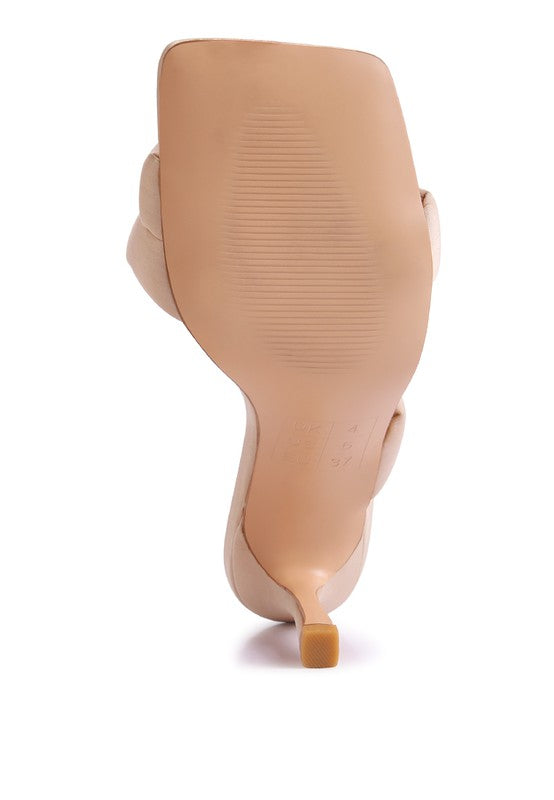 SPICE UP cross-strap heels, cream heel side view with curved silhouette