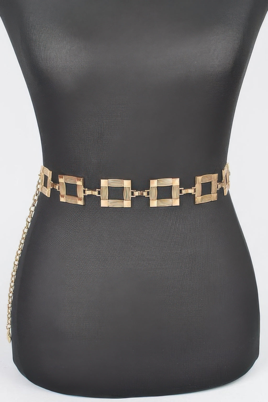 Gold square metal chain belt with stacked link squares, plus-size, one-size fit.