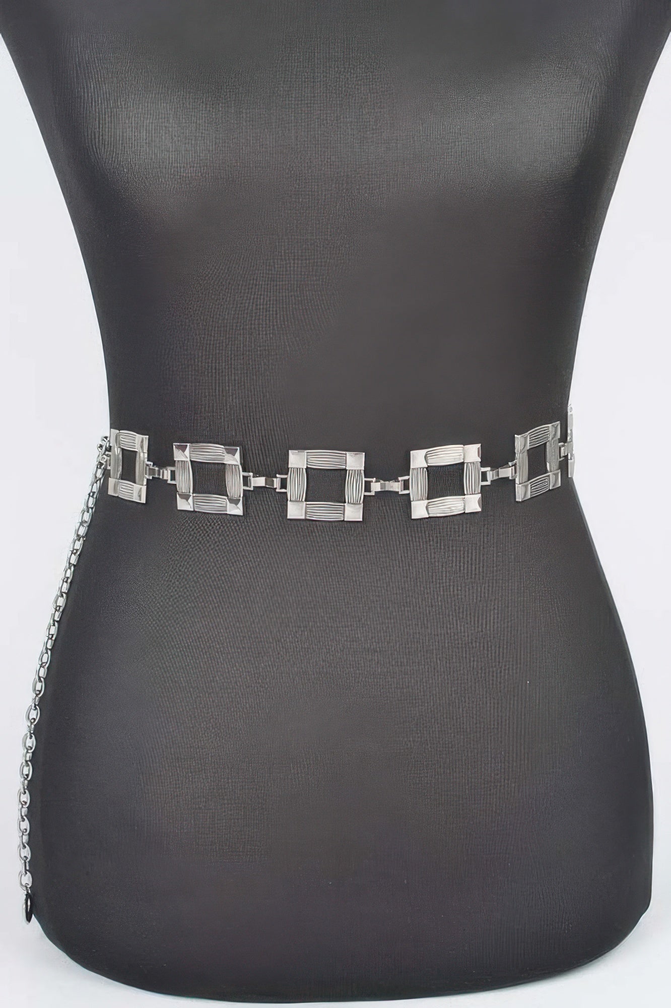 Silver square metal chain belt with stacked square links, plus-size, one-size fit.