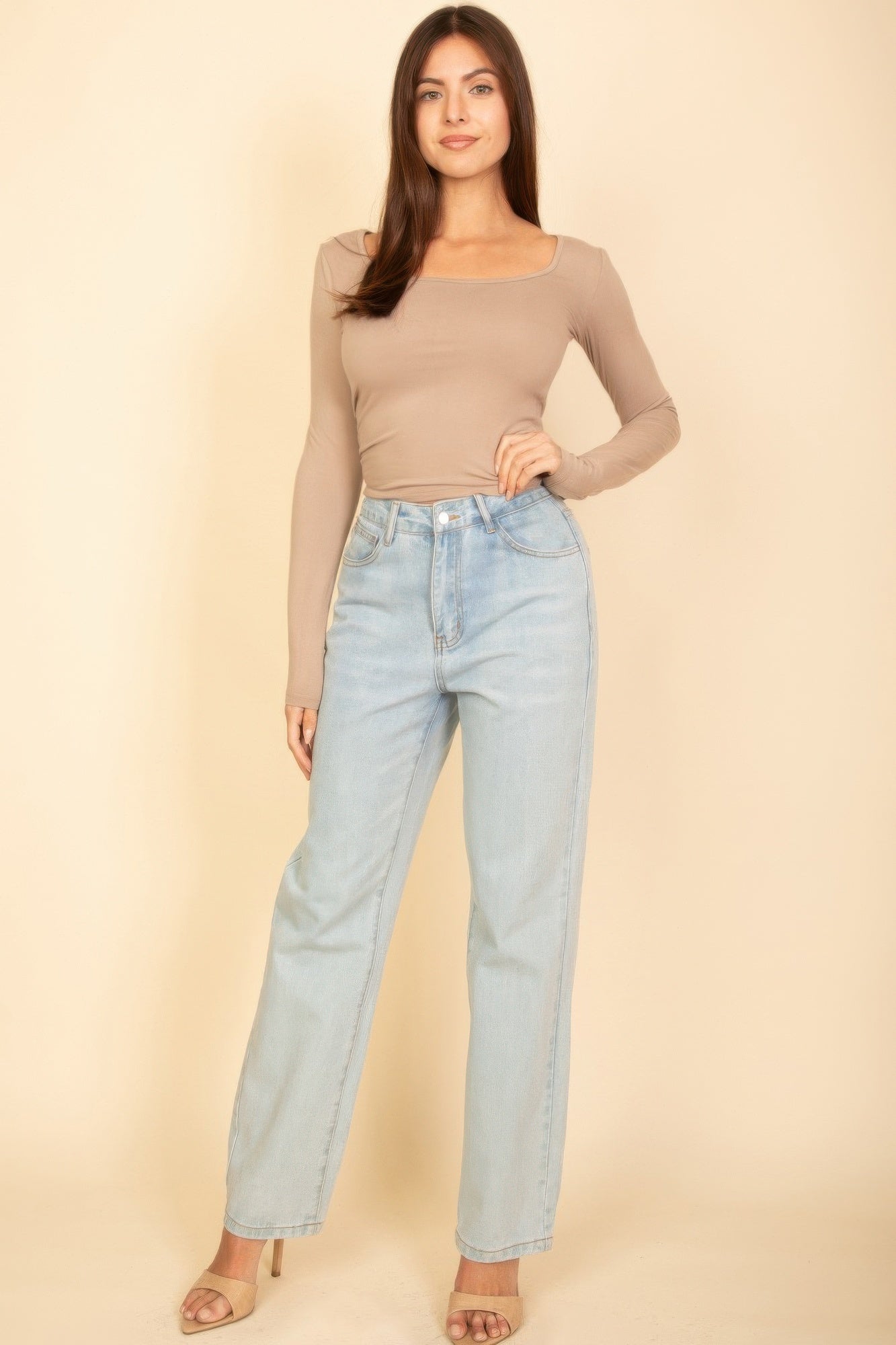 Taupe square-neck long-sleeve top with slim fit