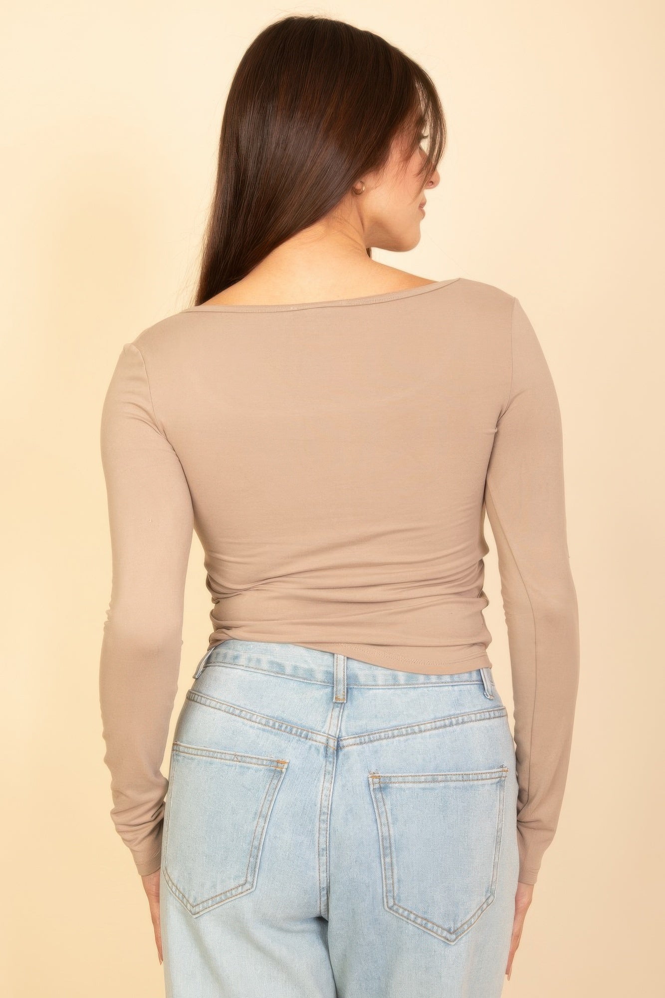 Taupe square-neck long-sleeve top, back view