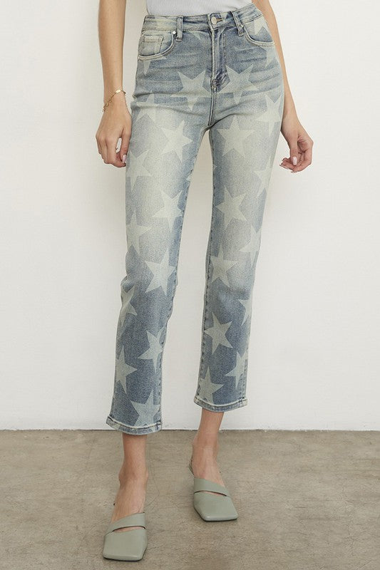 Star Print Girlfriend Jeans - Tigbul's Variety Fashion Shop