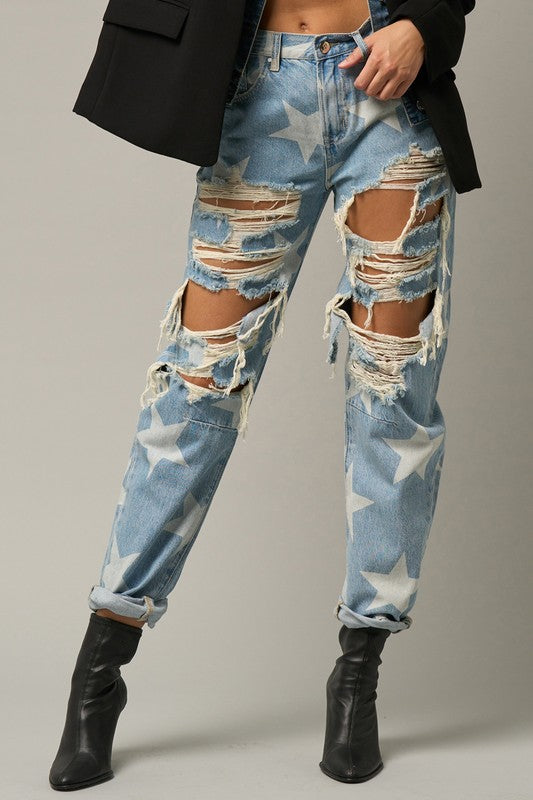 Star Print Slouch Jeans - Tigbul's Variety Fashion Shop