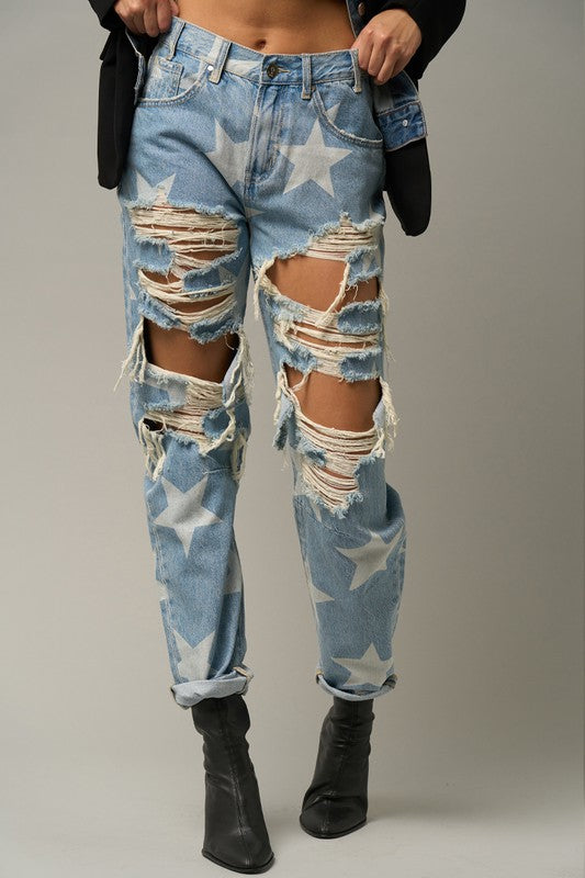 Star Print Slouch Jeans - Tigbul's Variety Fashion Shop