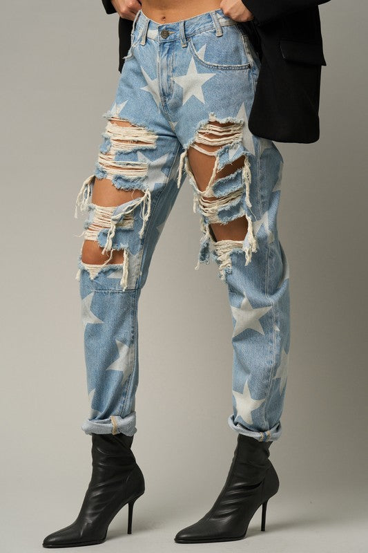 Star Print Slouch Jeans - Tigbul's Variety Fashion Shop