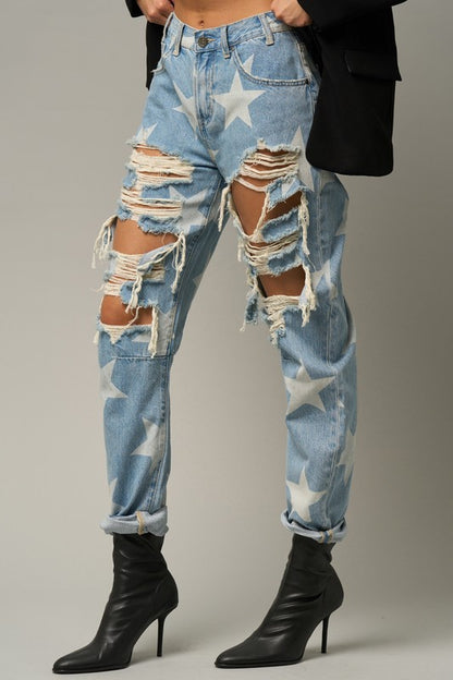 Star Print Slouch Jeans - Tigbul's Variety Fashion Shop