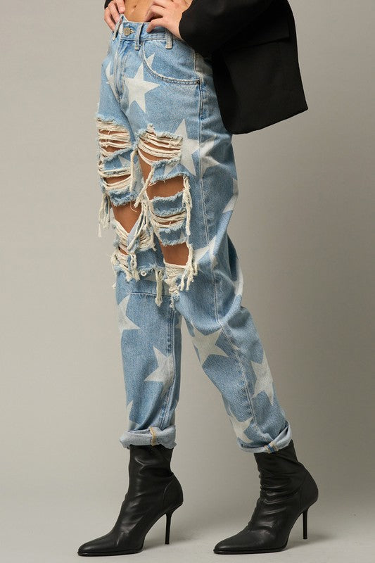 Star Print Slouch Jeans - Tigbul's Variety Fashion Shop