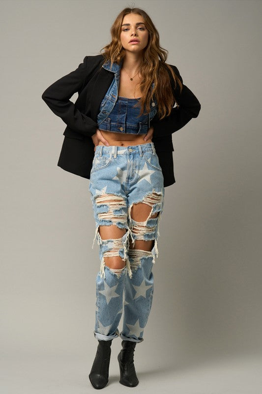 Star Print Slouch Jeans - Tigbul's Variety Fashion Shop