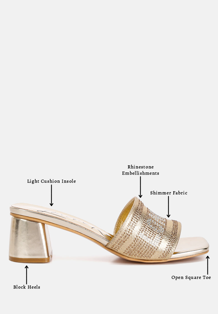 Gold rhinestone slide sandals: shimmer fabric, open square toe, block heels, cushioned insole
