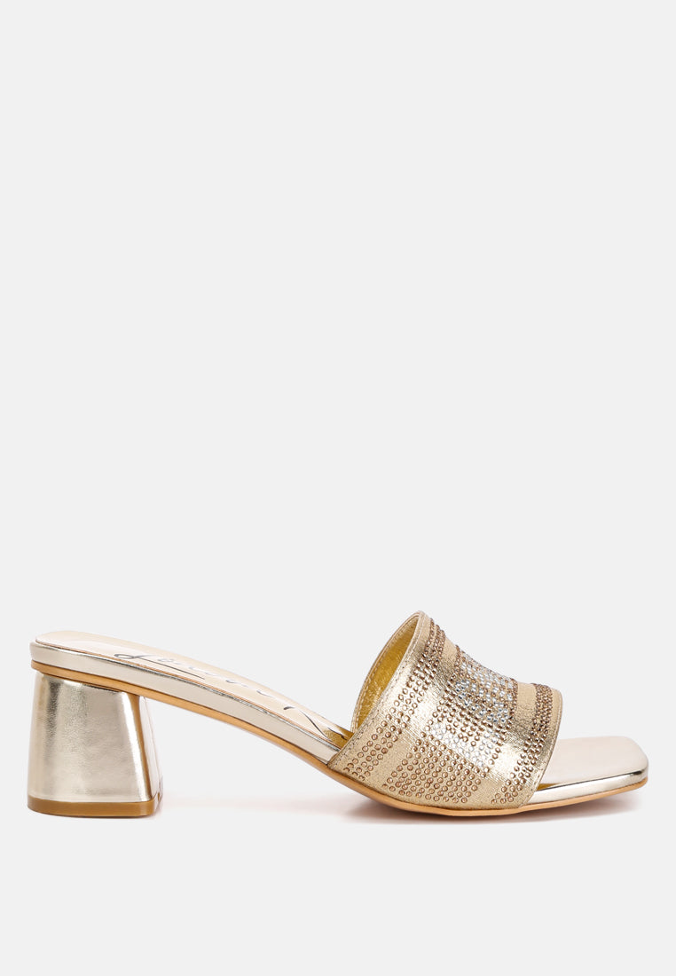 Starks rhinestone embellished gold London sandals with open square toe and block heel