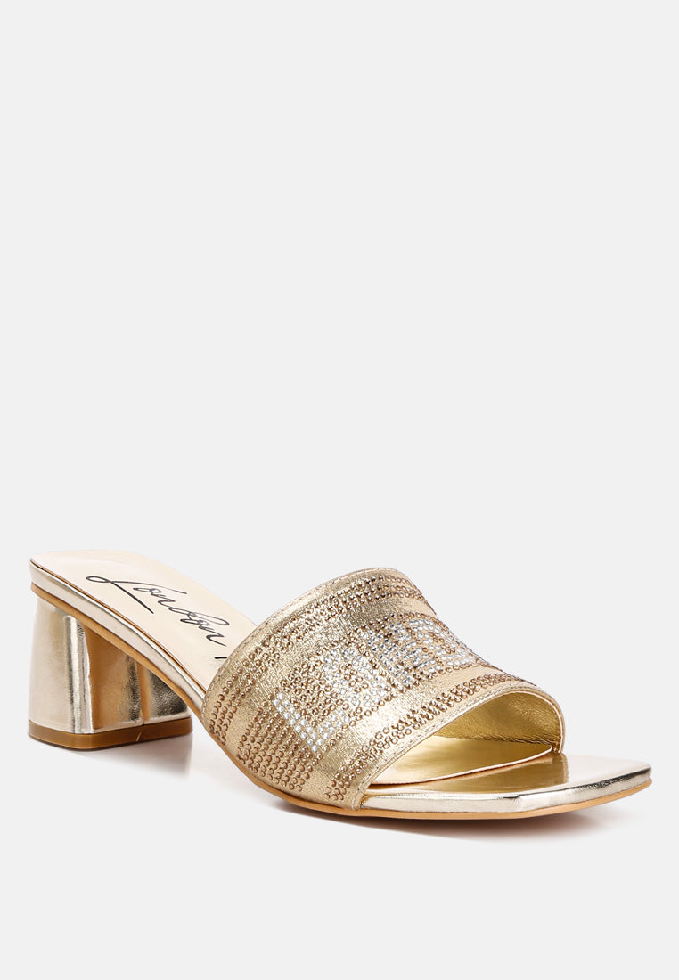 Gold rhinestone slide sandals with open square toe and metallic block heel