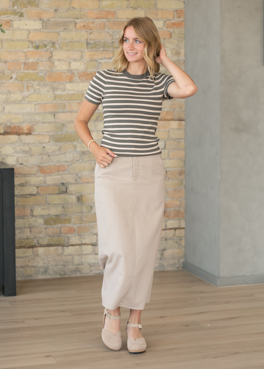 Stella Simply Taupe Denim Maxi Skirt - Tigbul's Variety Fashion Shop
