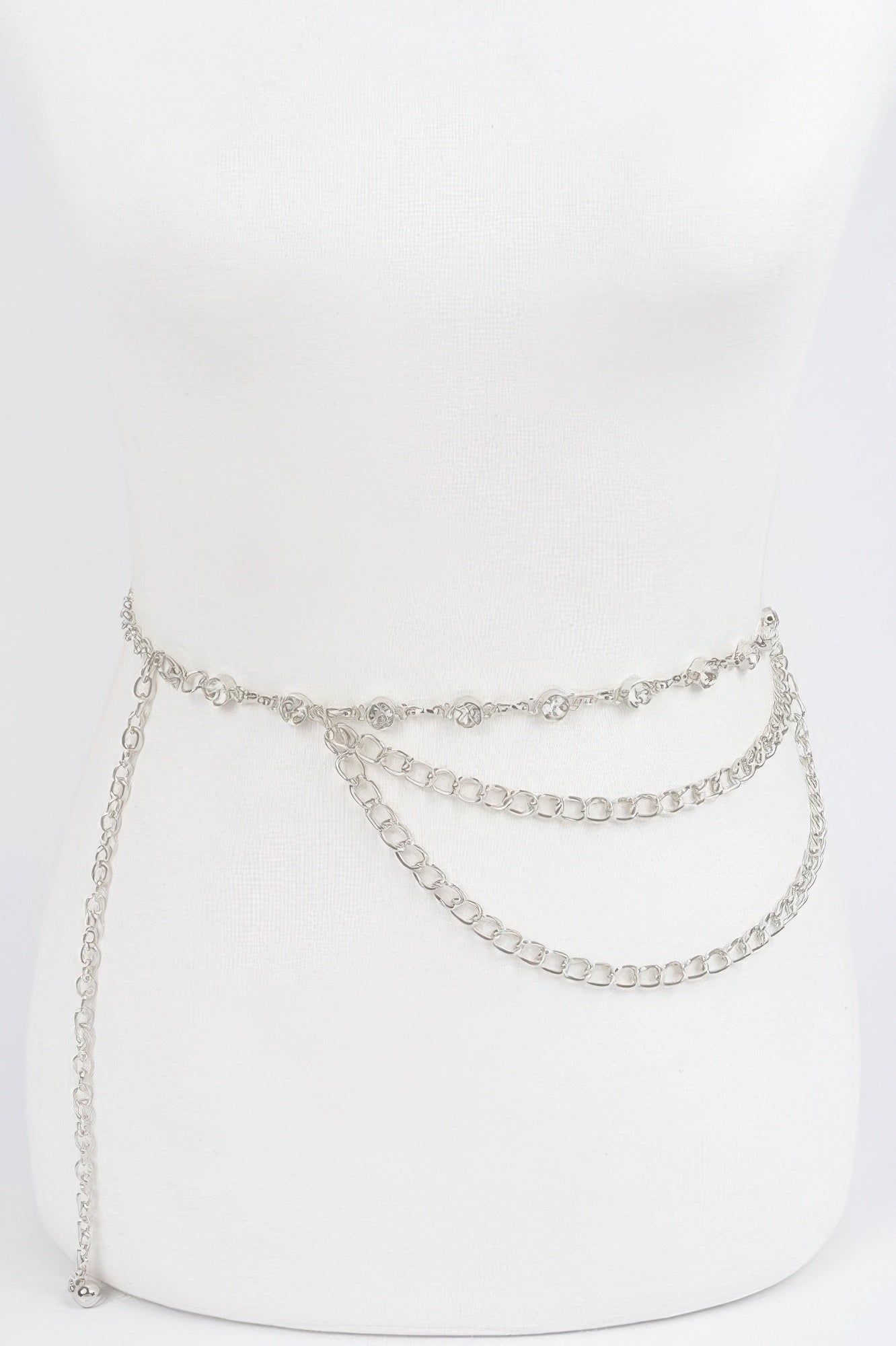 Silberfarbener Stein-Ketten-Layered-Belt mit zwei Kettenlagen am Taillenring