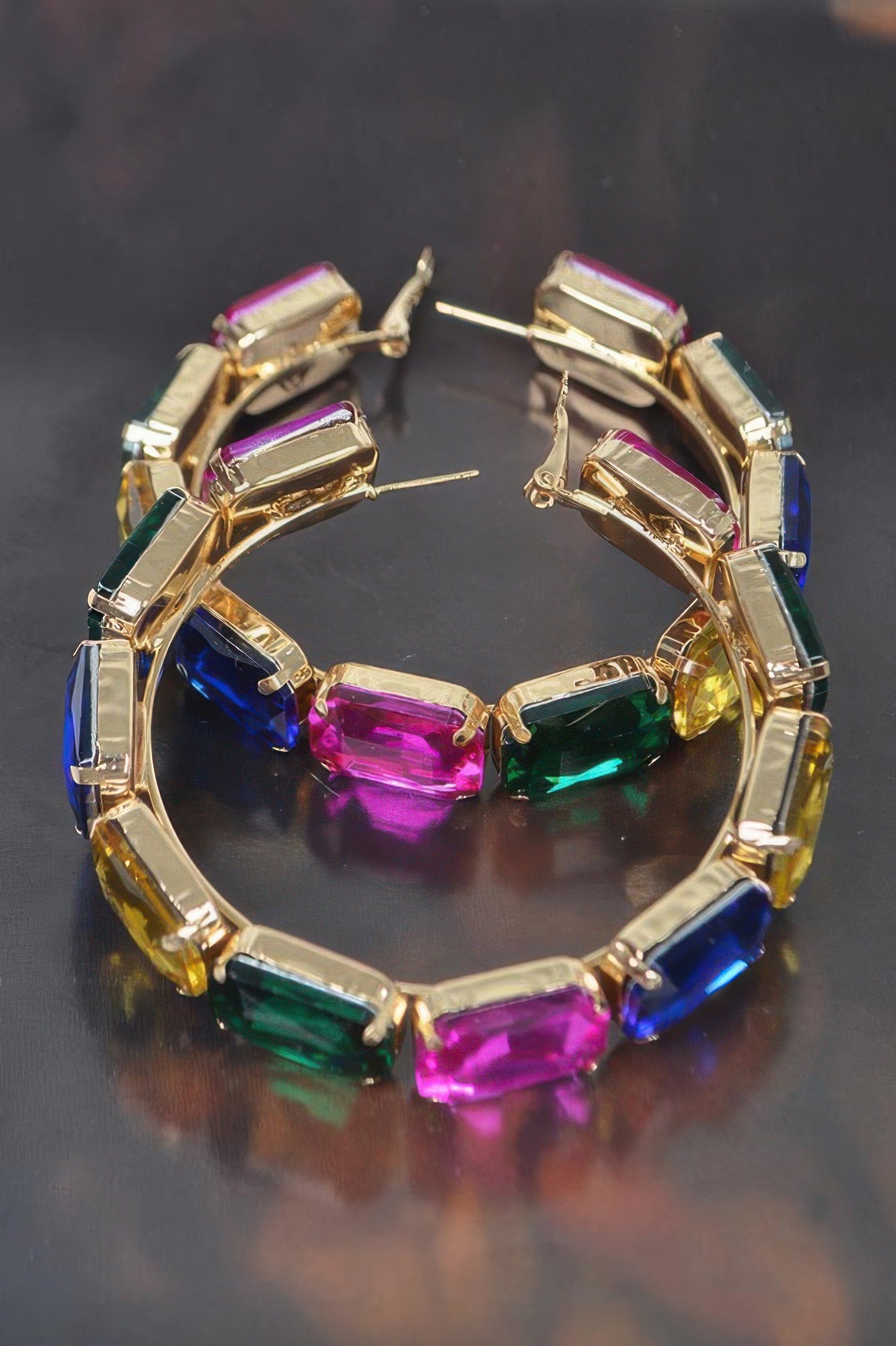 Multicolor stone hoop earrings with gold-tone settings and hinge backs