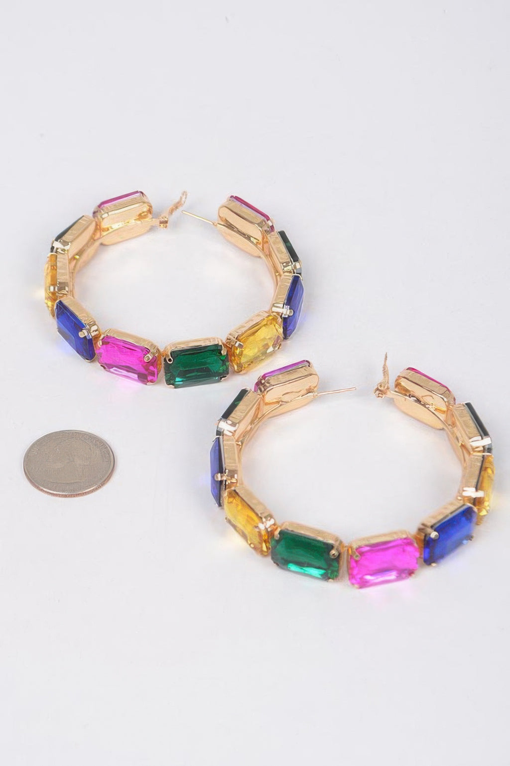 Rainbow multicolor stone hoop earrings with gold-tone settings