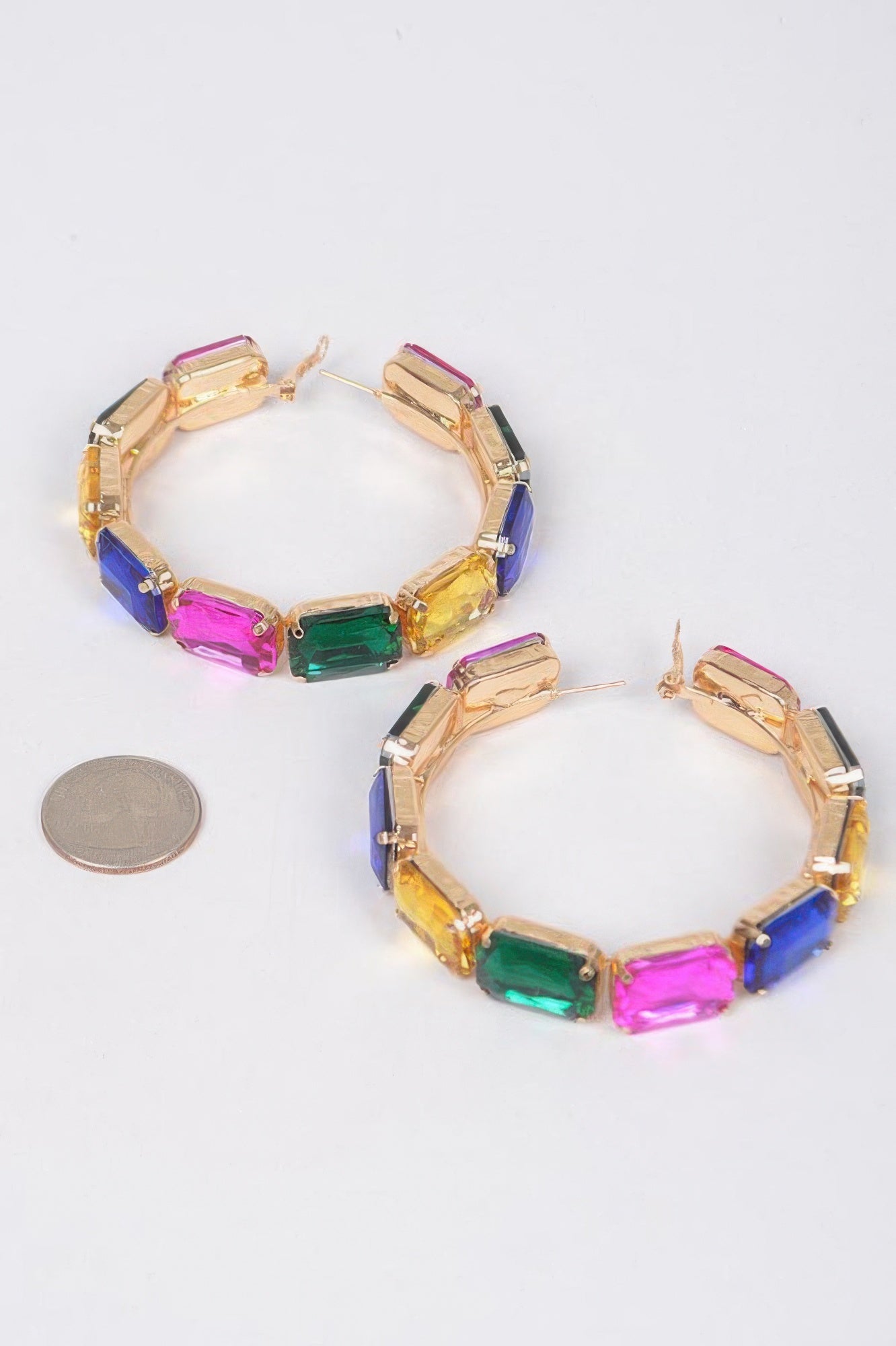 Rainbow multicolor stone hoop earrings with gold-tone settings