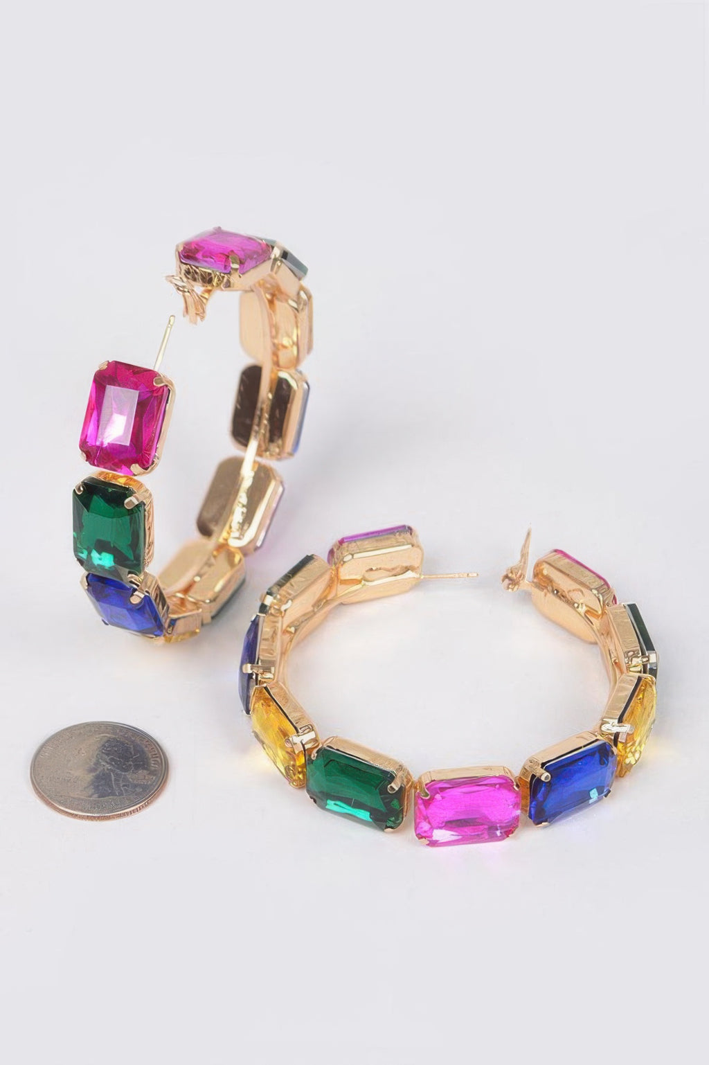Multicolor square-stone hoop earrings with gold-tone hinges