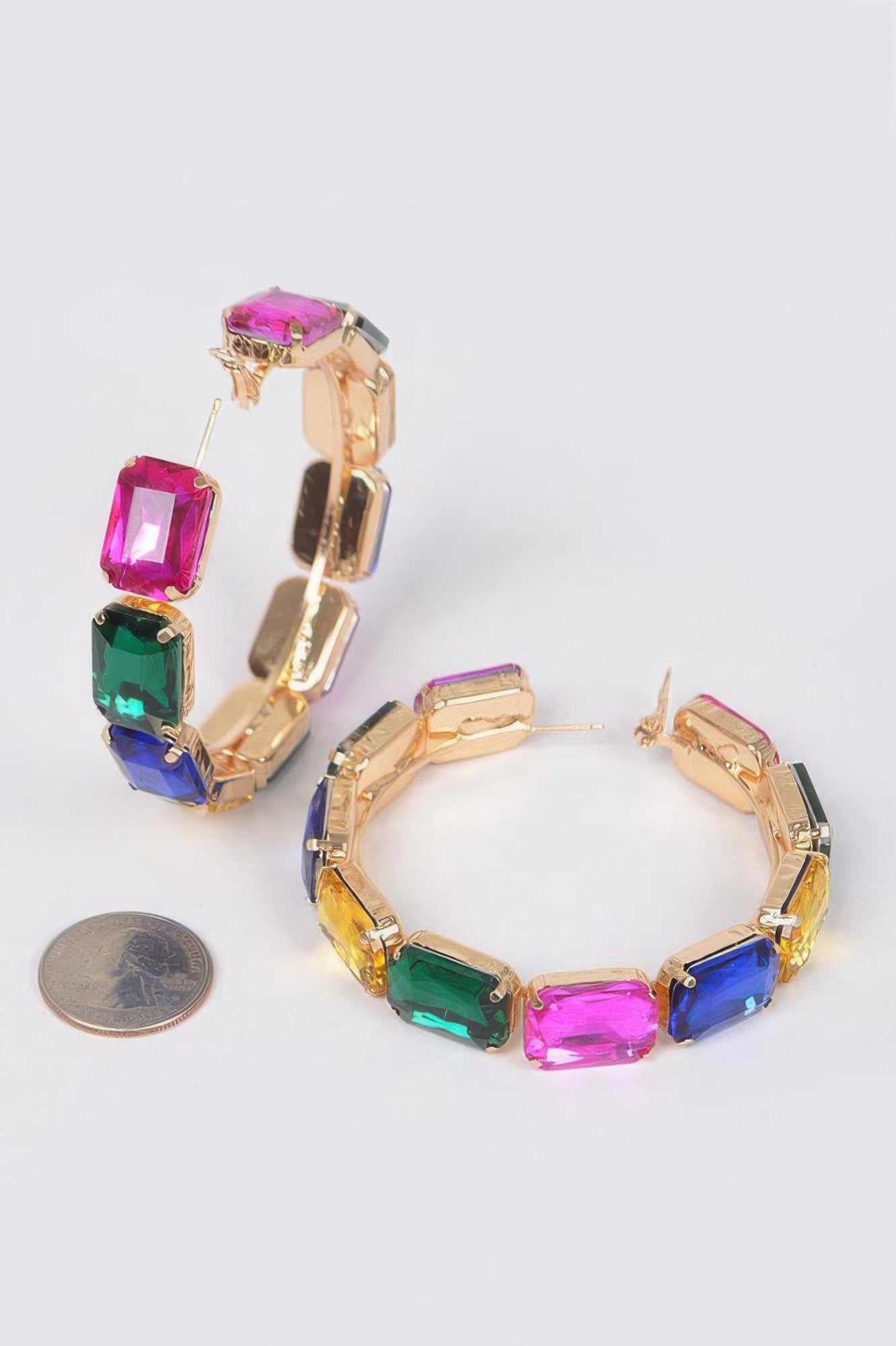 Multicolor square-stone hoop earrings with gold-tone hinges