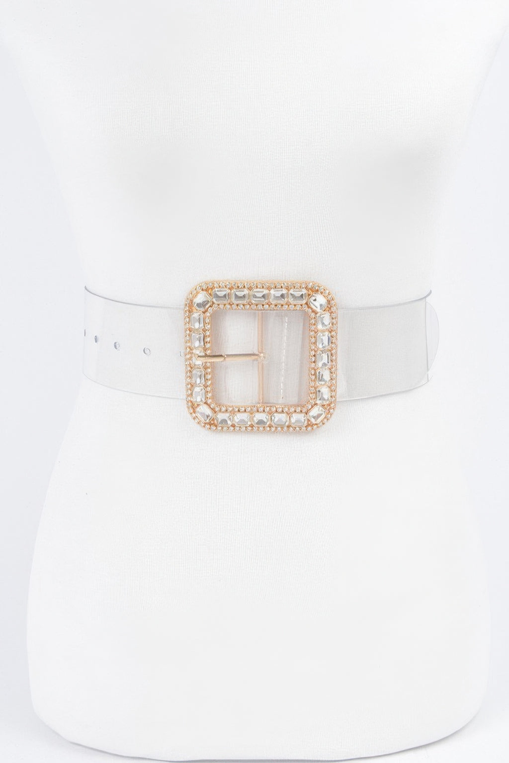 Clear belt with gold-tone square jeweled buckle
