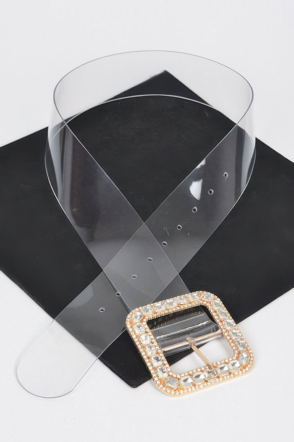 Clear belt with silver-tone square buckle and rhinestone trim