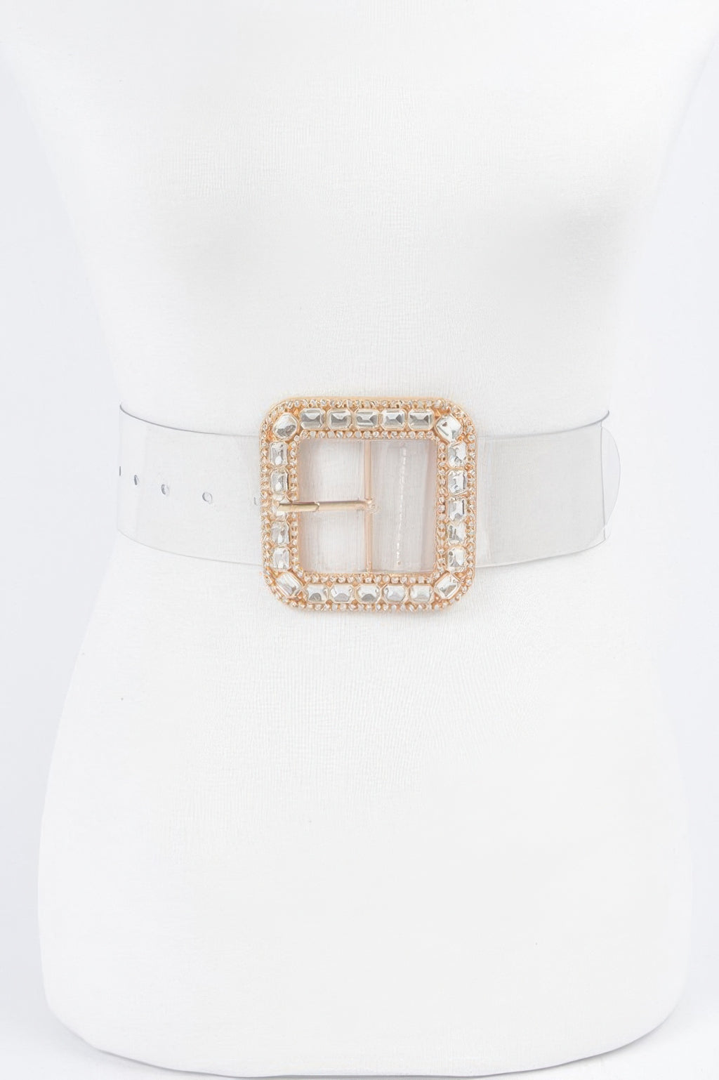 Plus size belt with square rhinestone buckle, clear stones and gold-tone frame