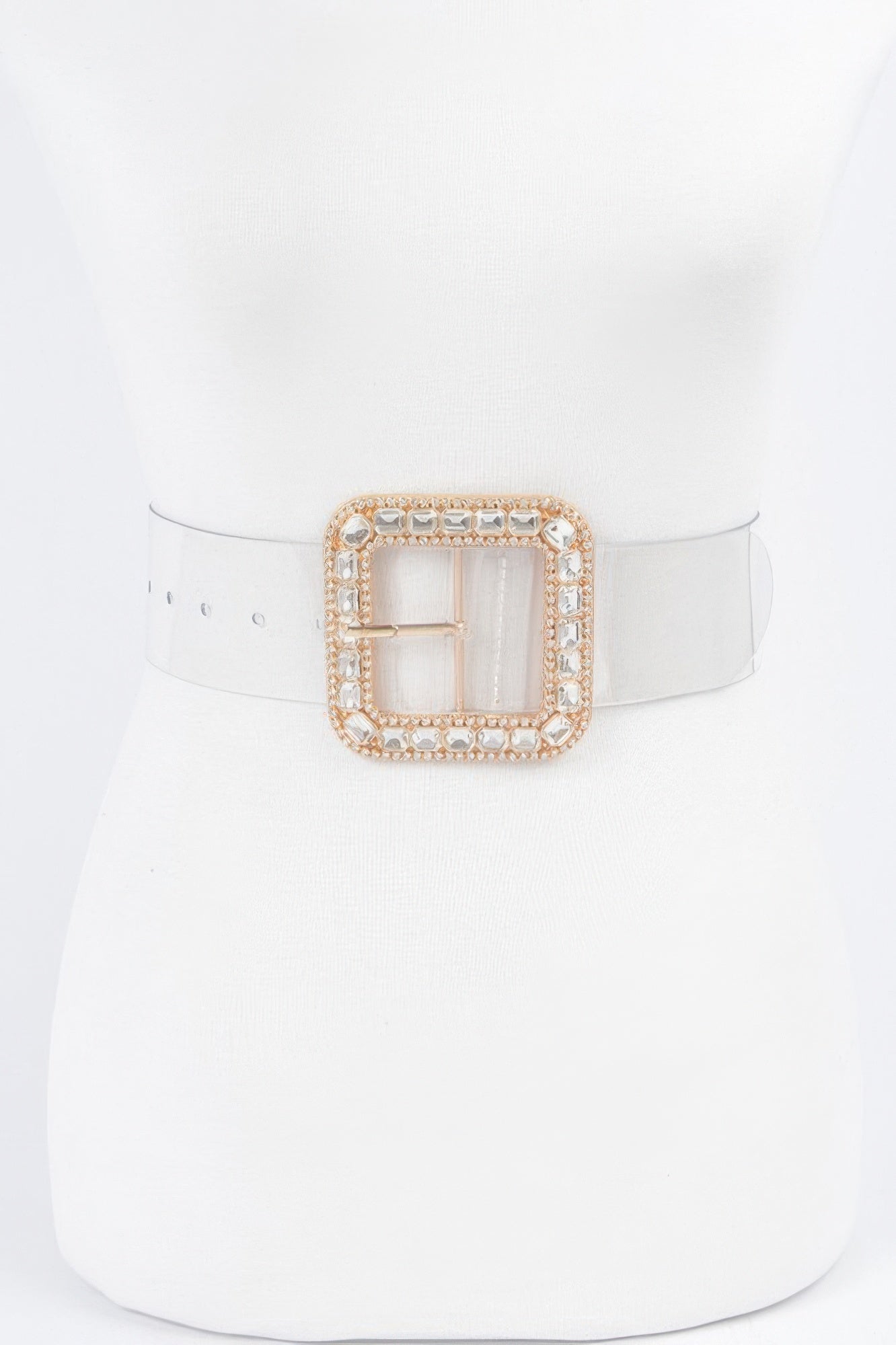 Plus size belt with square rhinestone buckle, clear stones and gold-tone frame