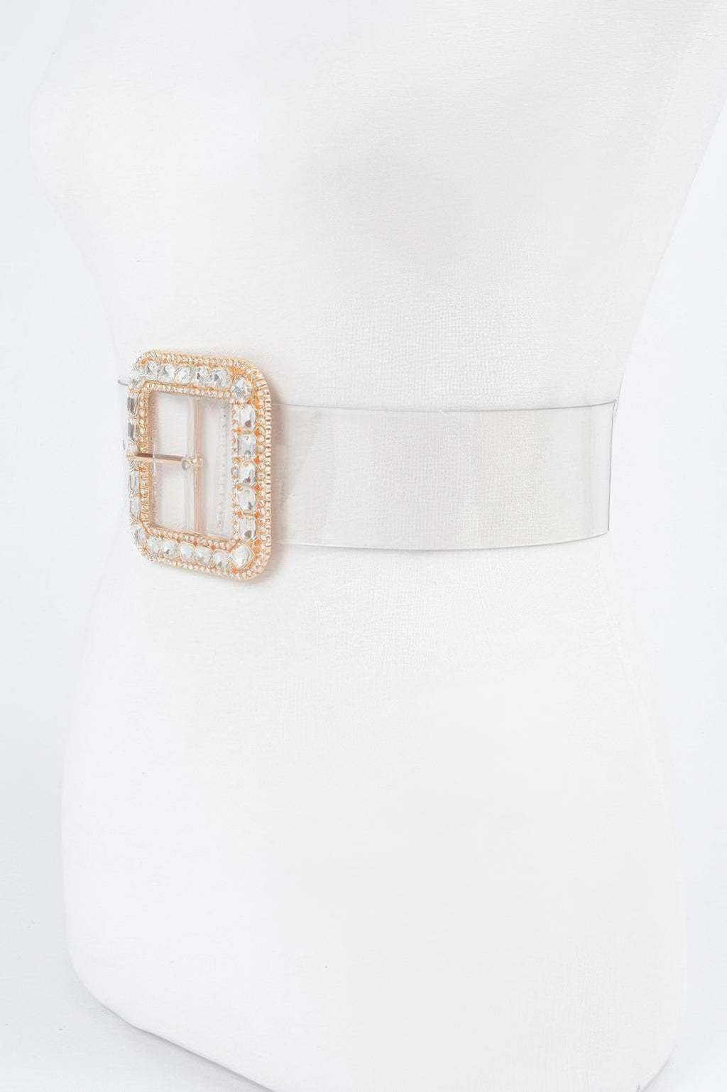 Plus size belt with oval rhinestone buckle, clear stones on gold-tone setting