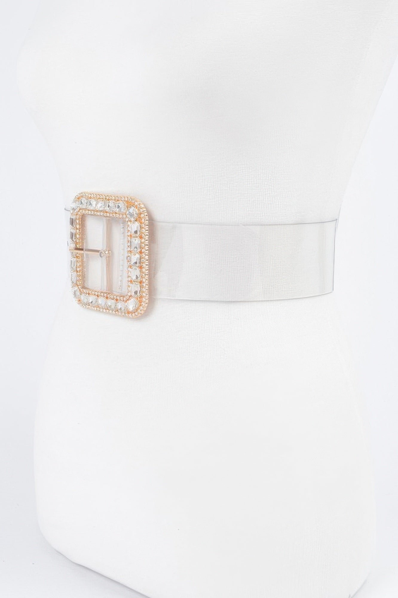 Plus size belt with oval rhinestone buckle, clear stones on gold-tone setting