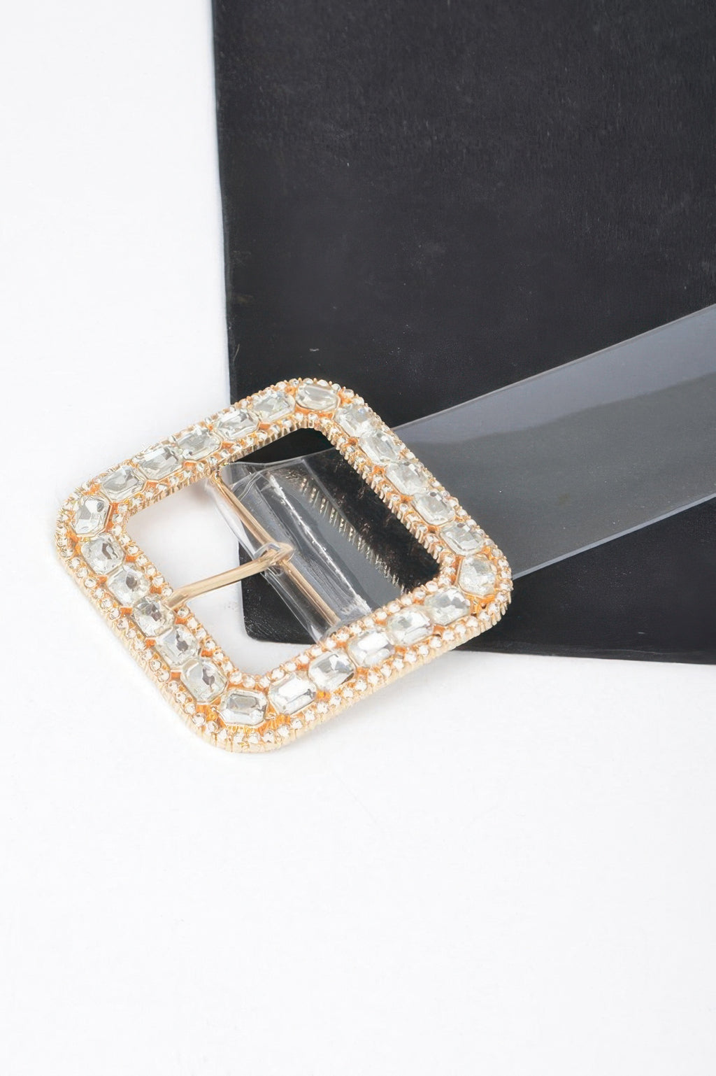 Plus size belt buckle with clear rhinestones and gold-tone metal frame