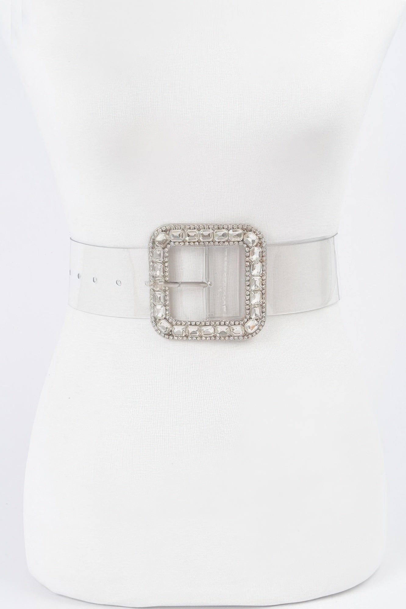 Plus size belt with square rhinestone buckle, clear stones on silver-tone frame
