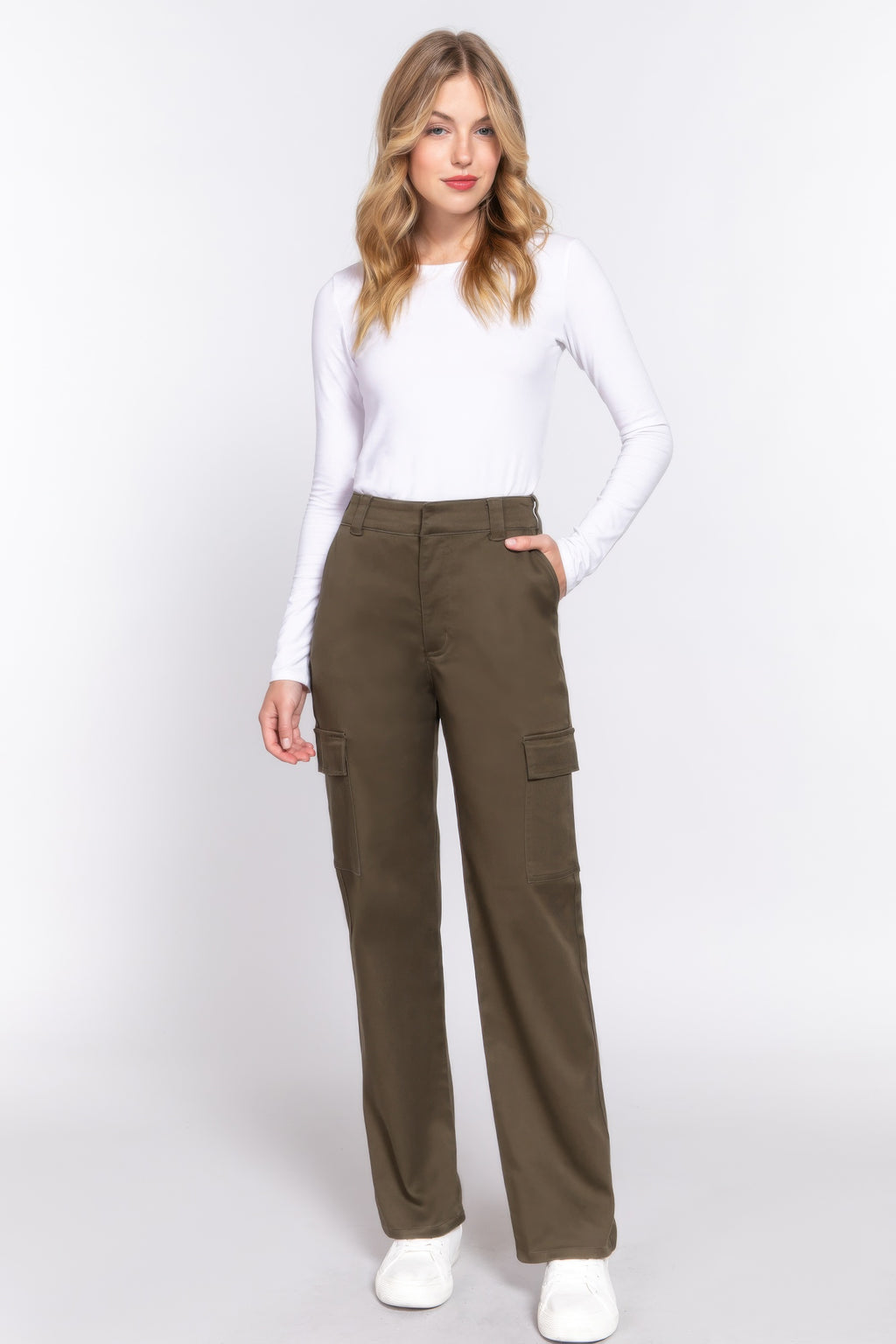Olive straight-fit long pants, front view, cargo pocket detail at thigh