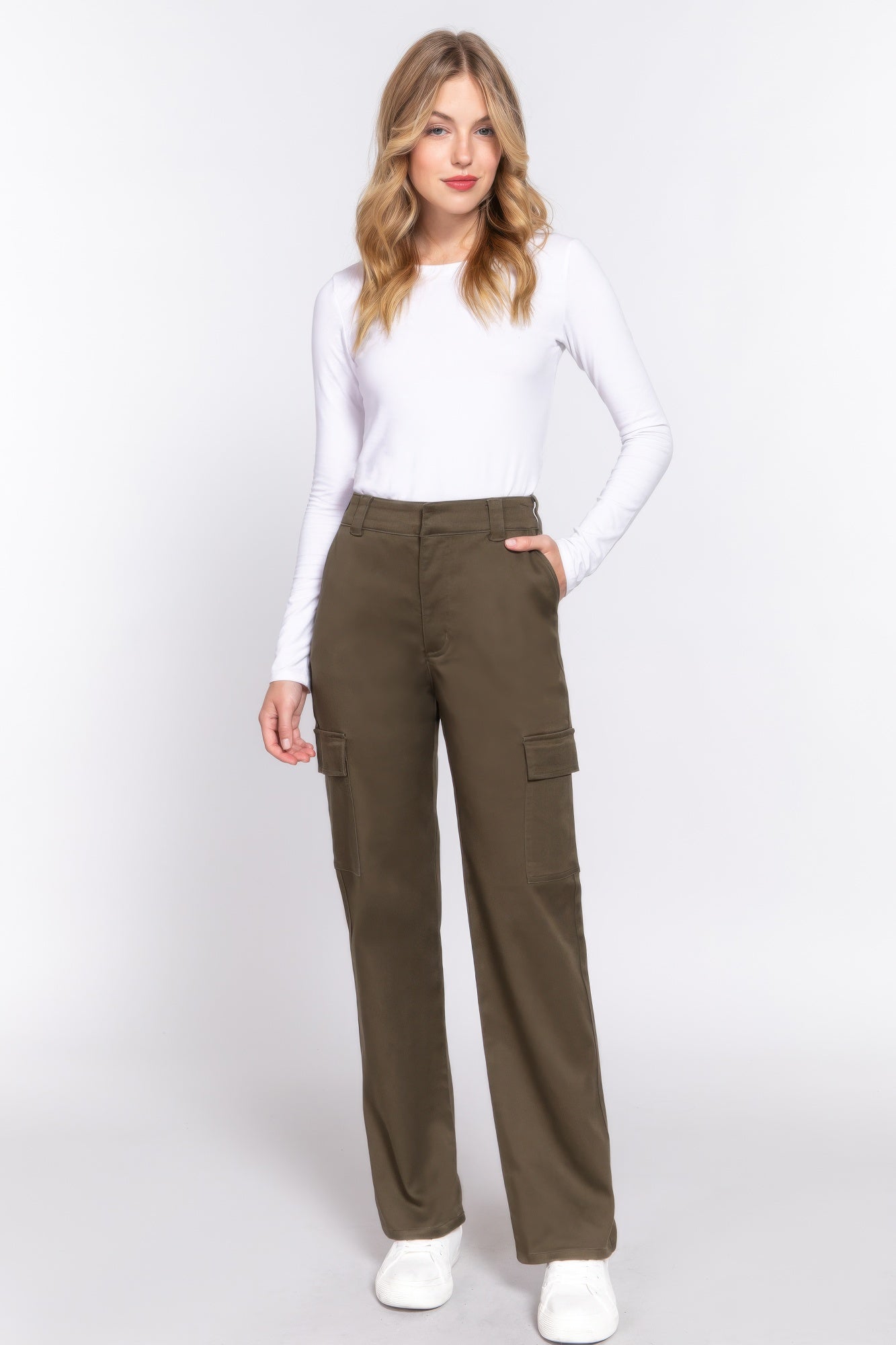 Olive straight-fit long pants, front view, cargo pocket detail at thigh