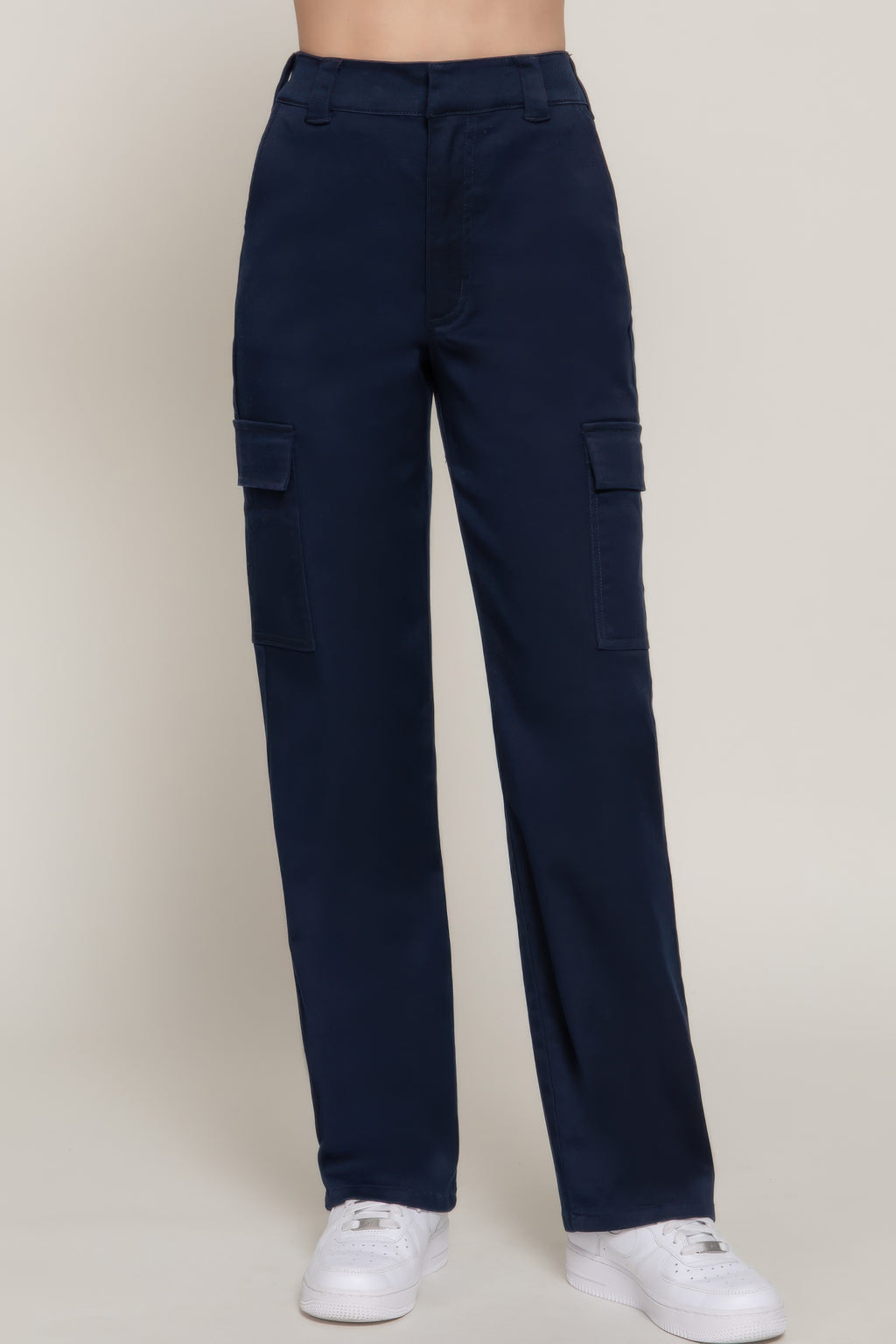 Navy straight-fit long pants with cargo side pockets and belt loops