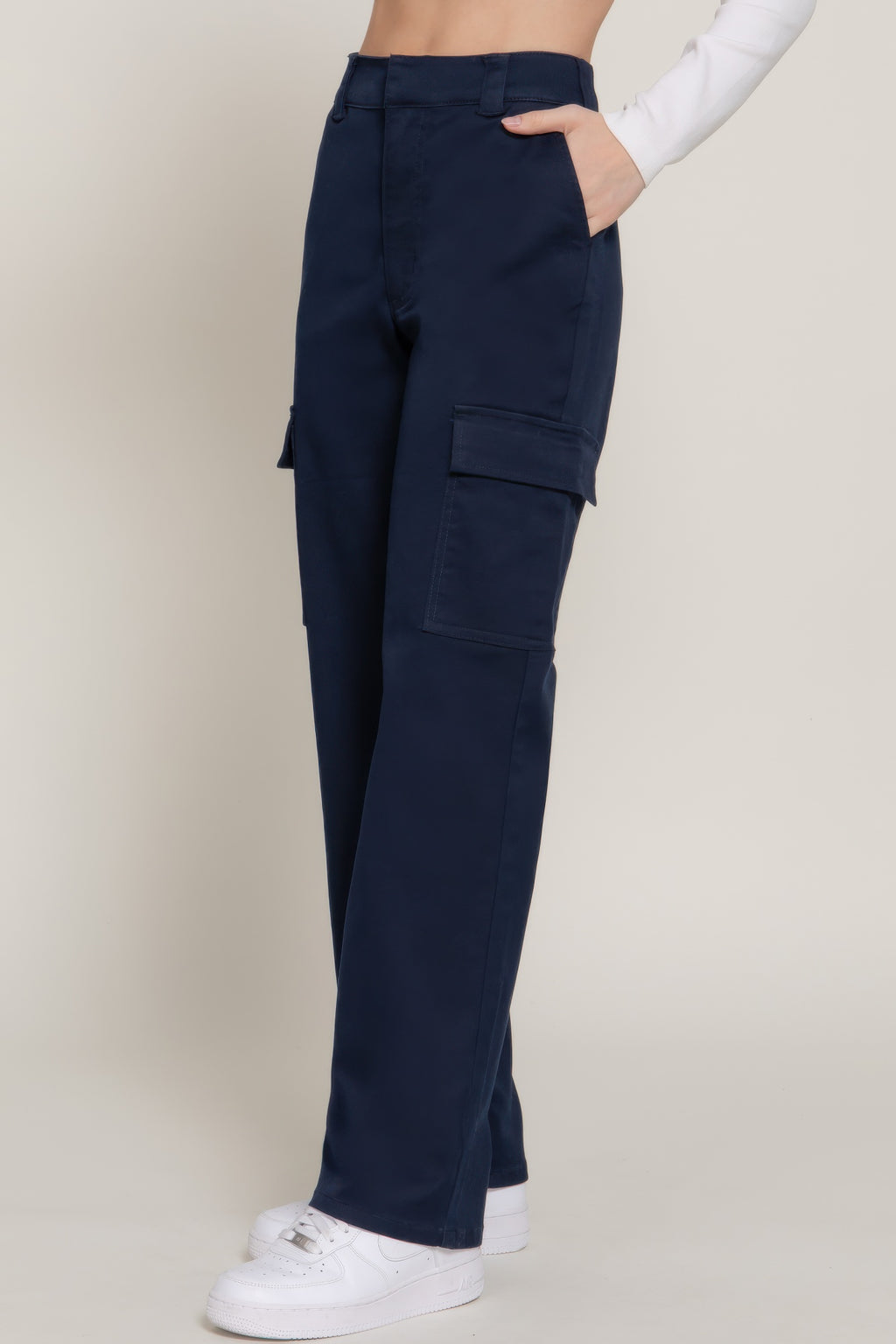 Navy straight-fit long pants, front view with thigh cargo pocket and belt loops