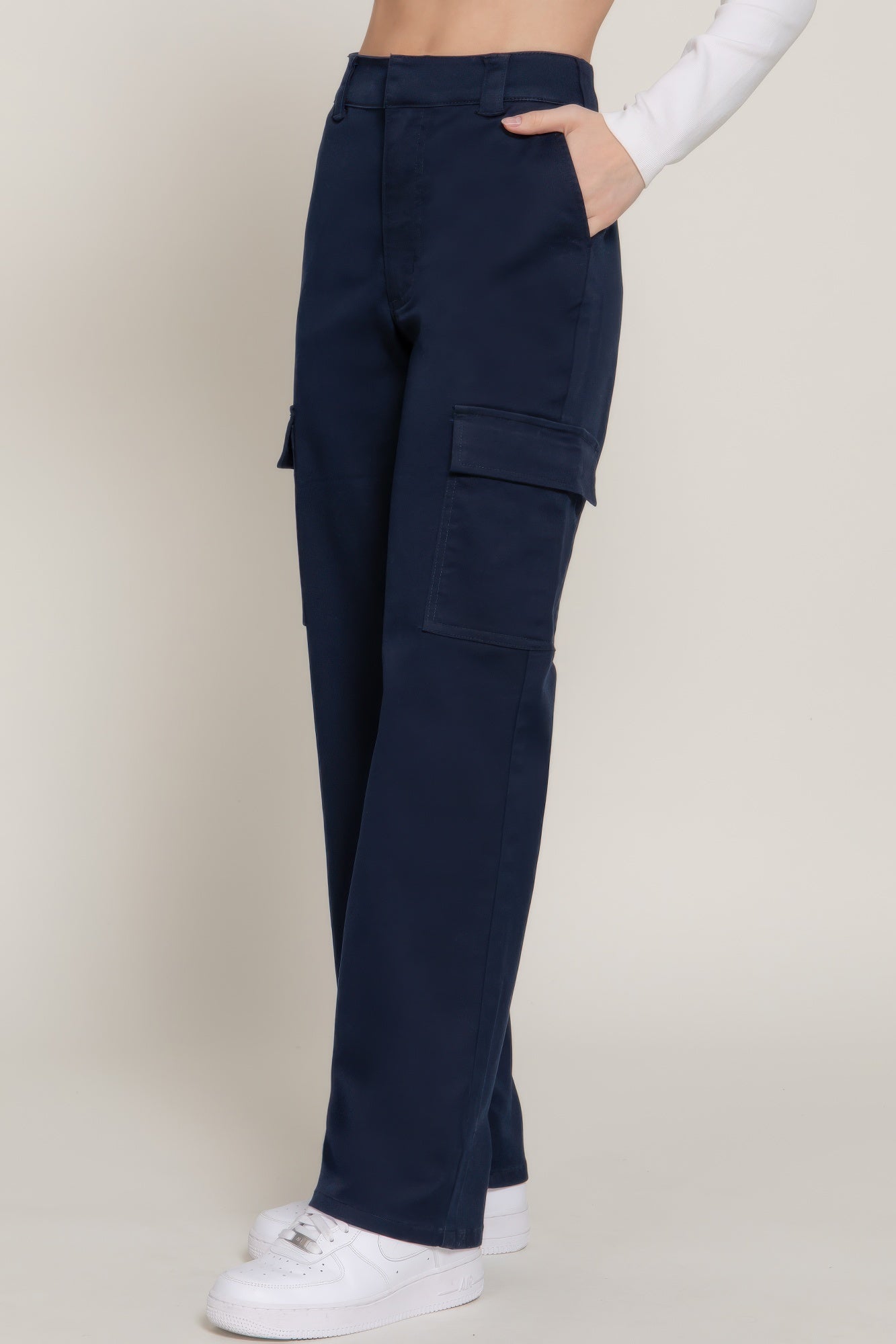 Navy straight-fit long pants, front view with thigh cargo pocket and belt loops