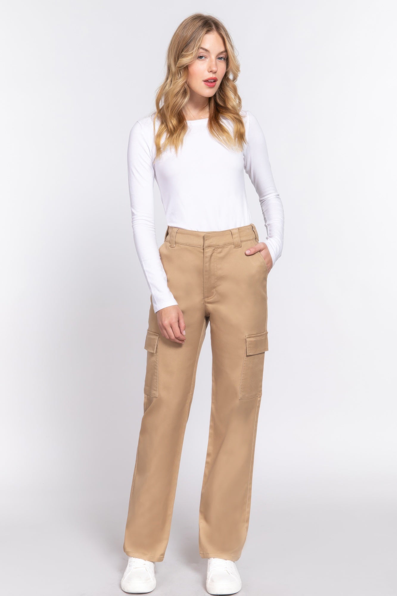 Khaki straight fit long cargo pants with belt loops and side pocket flaps