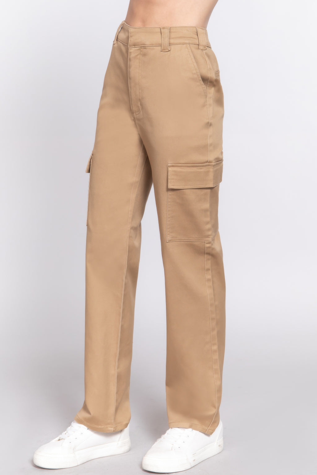 Khaki straight fit cargo pants with side seam pockets and straight wide leg